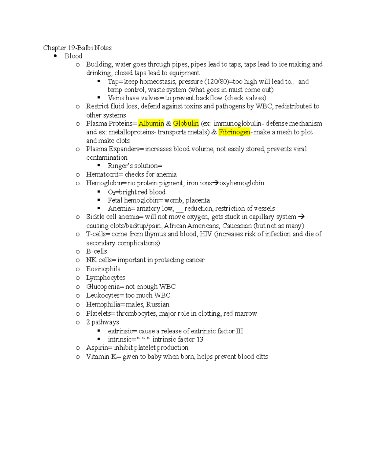 Chapter 19 Notes - important topics - Chapter 19-Balbi Notes Blood o ...