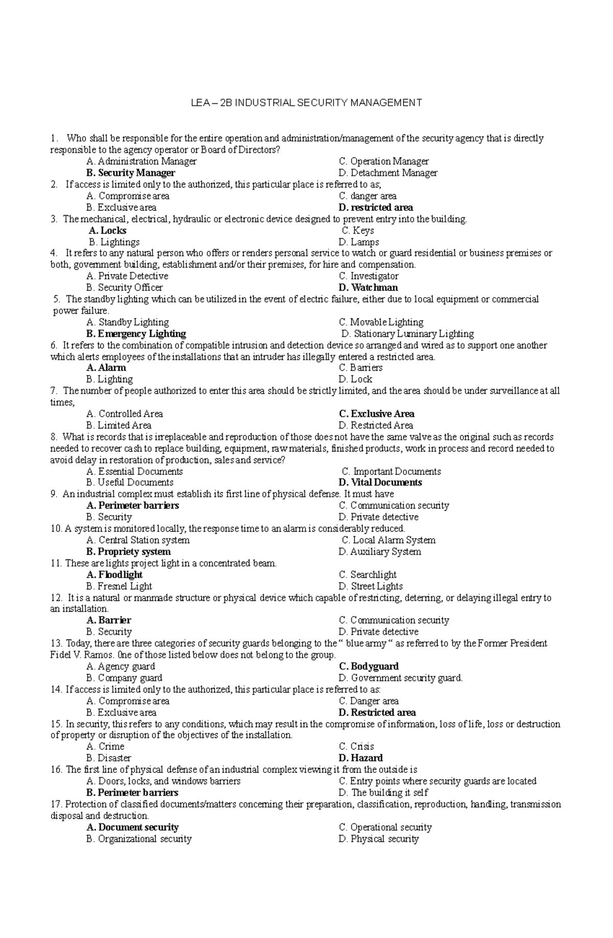 LEA 2D Reviewer - Anonymous - LEA – 2B INDUSTRIAL SECURITY MANAGEMENT 1 ...