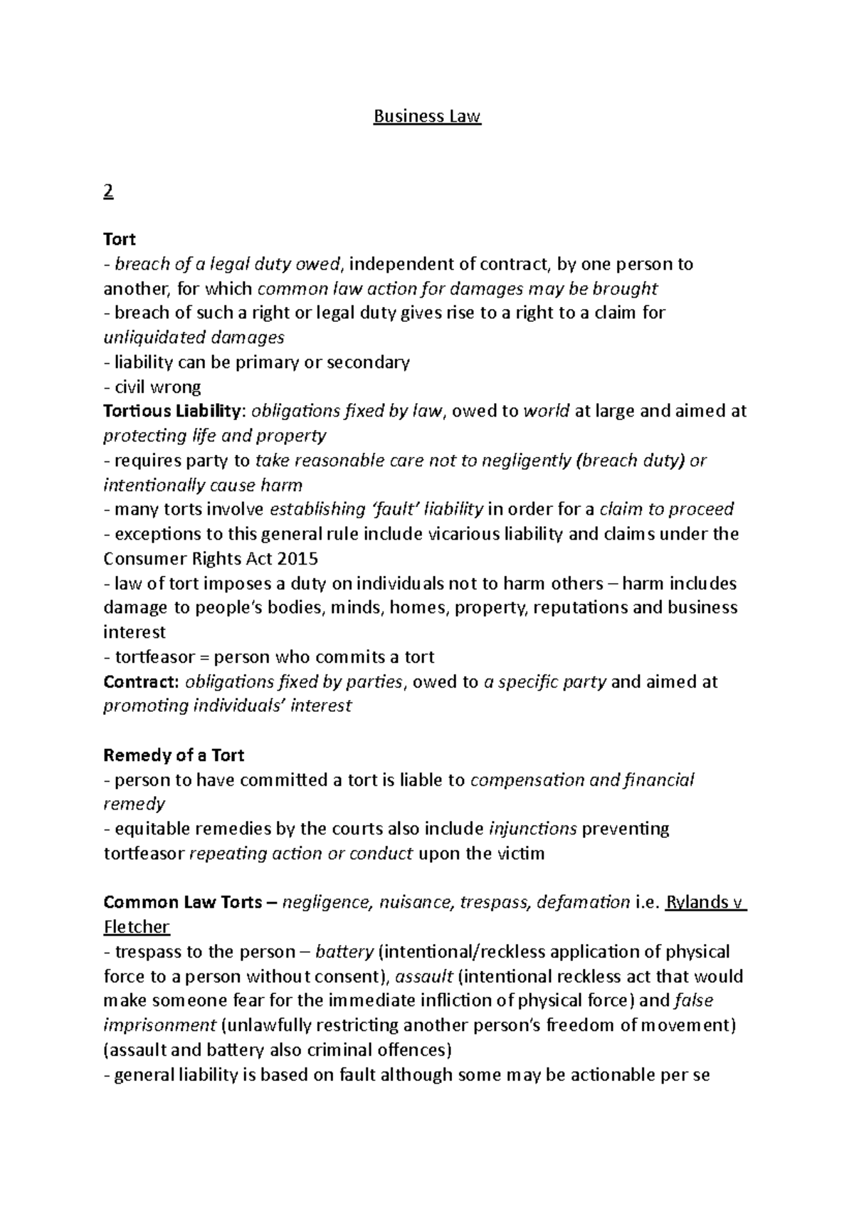 Business Law Lecture Notes 2 3 Business Law 2 Tort Breach Of A Legal Duty Owed Independent 2009