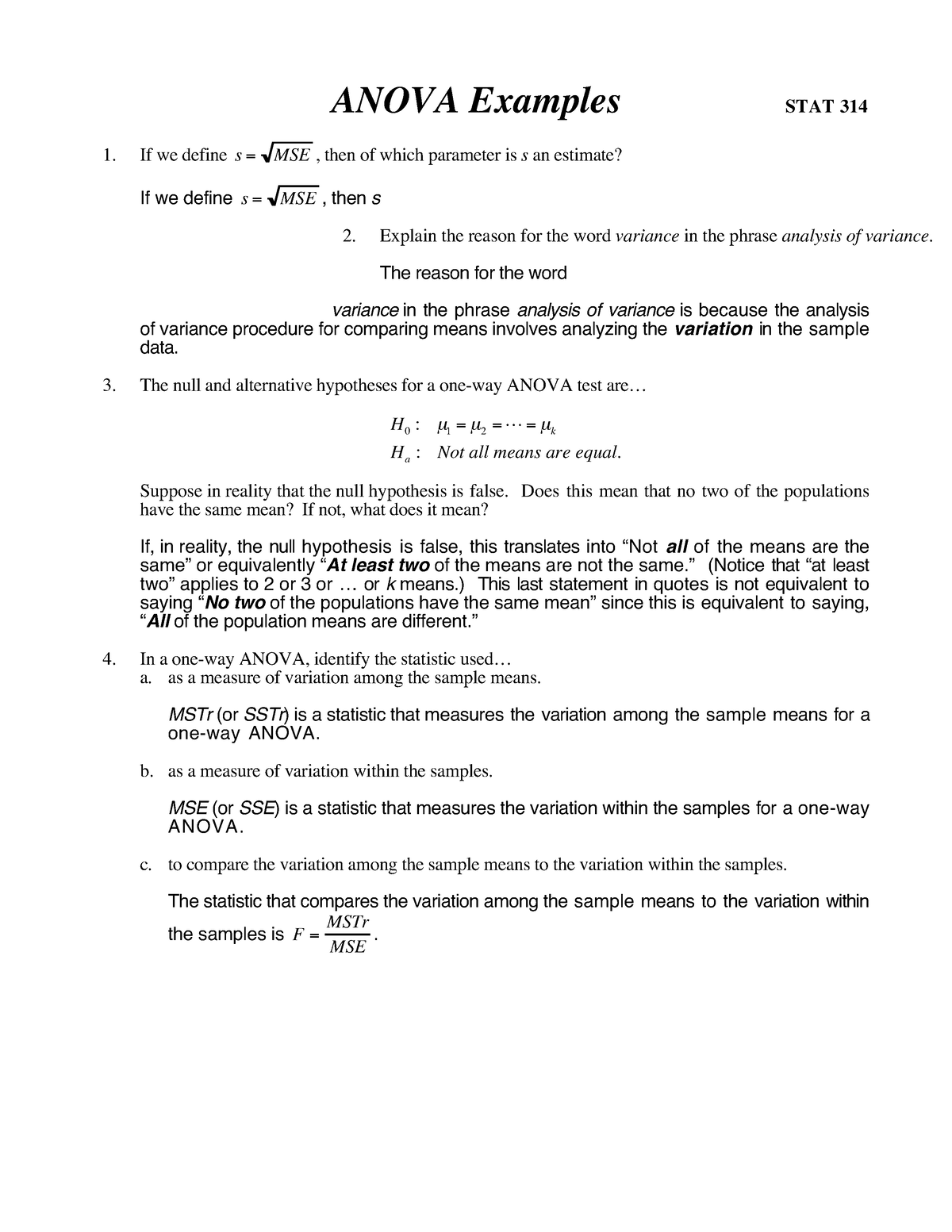 Examples Lecture Notes 7 ANOVA Examples STAT 314 If We Define S MSE Then Of Which 