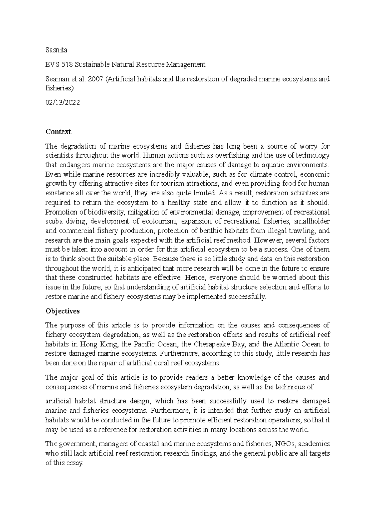 Summary 2 and 3 - example of summarizing. - Sasnita EVS 518 Sustainable ...