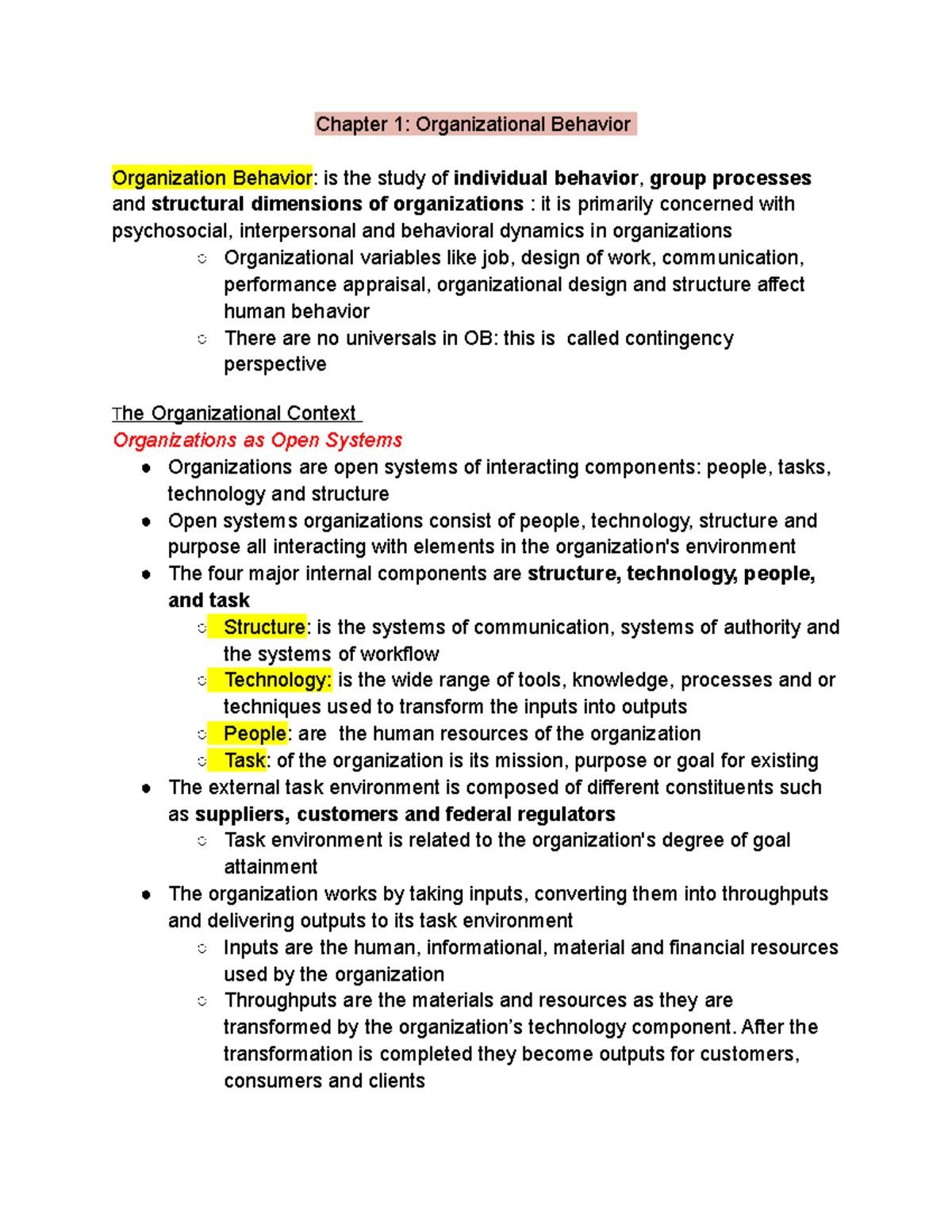 Ch1 - Lecture Notes 1 - Chapter 1: Organizational Behavior Organization ...