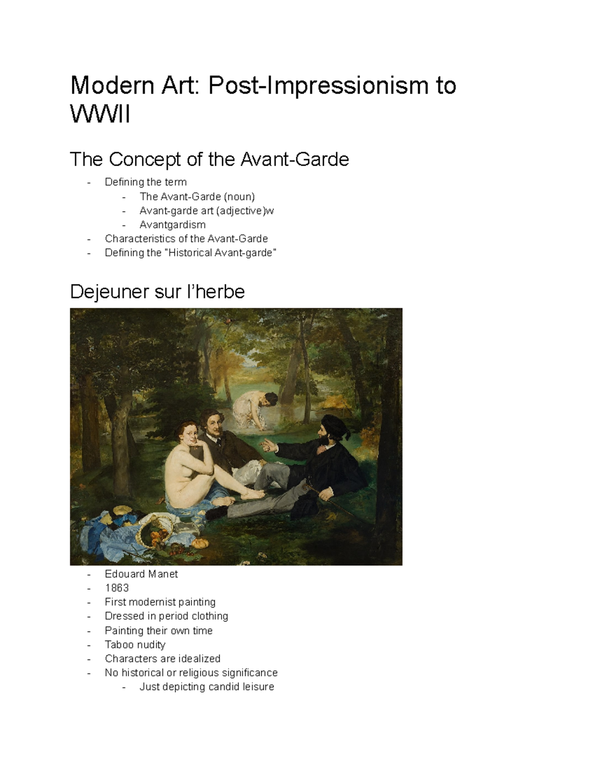 ARHI3065 Modern Art Notes Modern Art PostImpressionism to WWII The