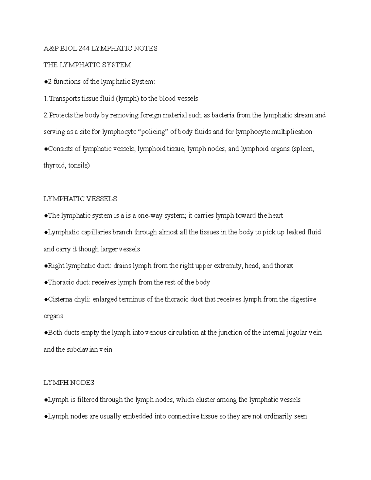 BIOL 244 Lymphatic Notes - A&P BIOL 244 LYMPHATIC NOTES THE LYMPHATIC ...