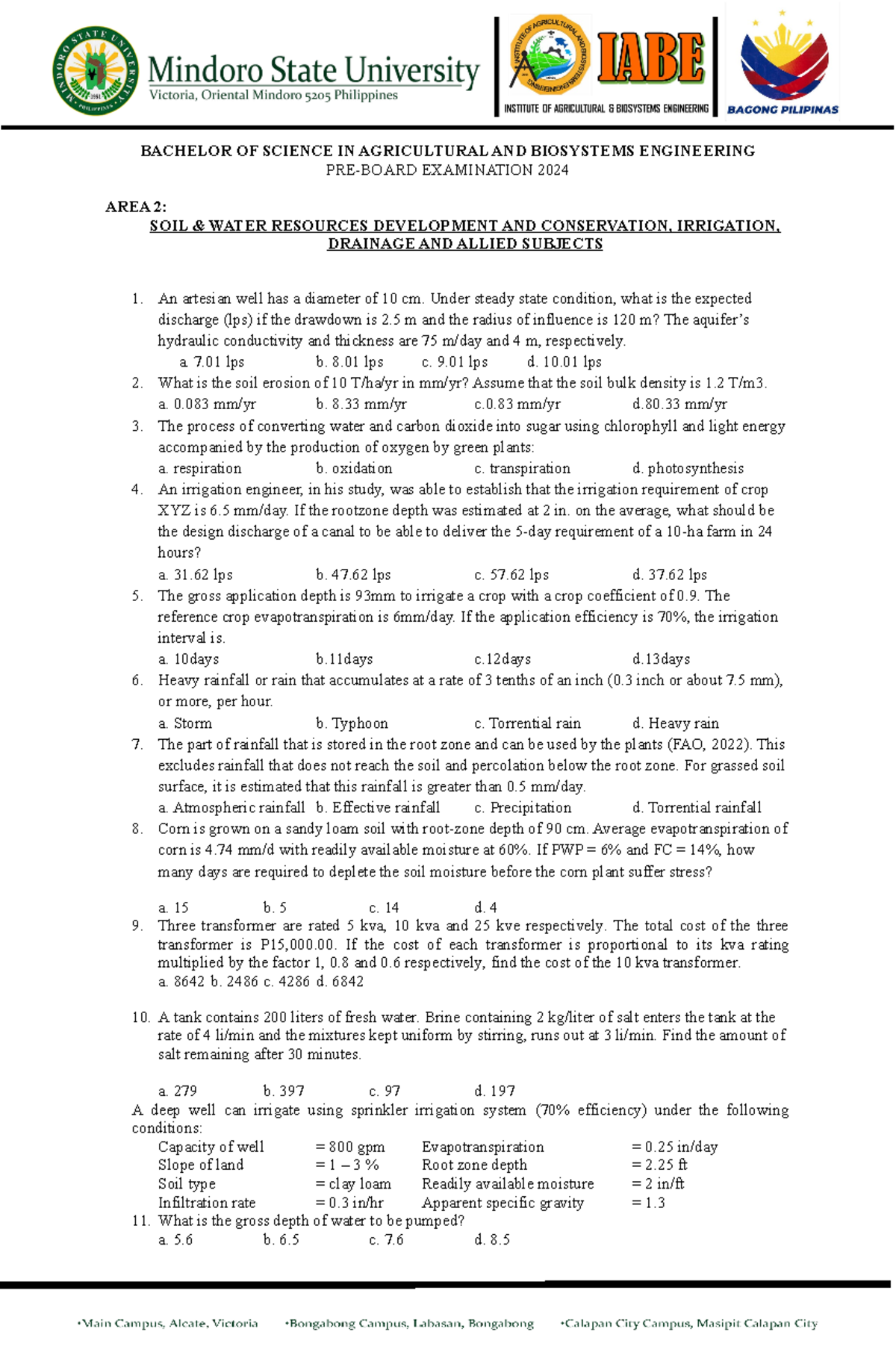 Area 2 PRE Board Questions - BACHELOR OF SCIENCE IN AGRICULTURAL AND ...