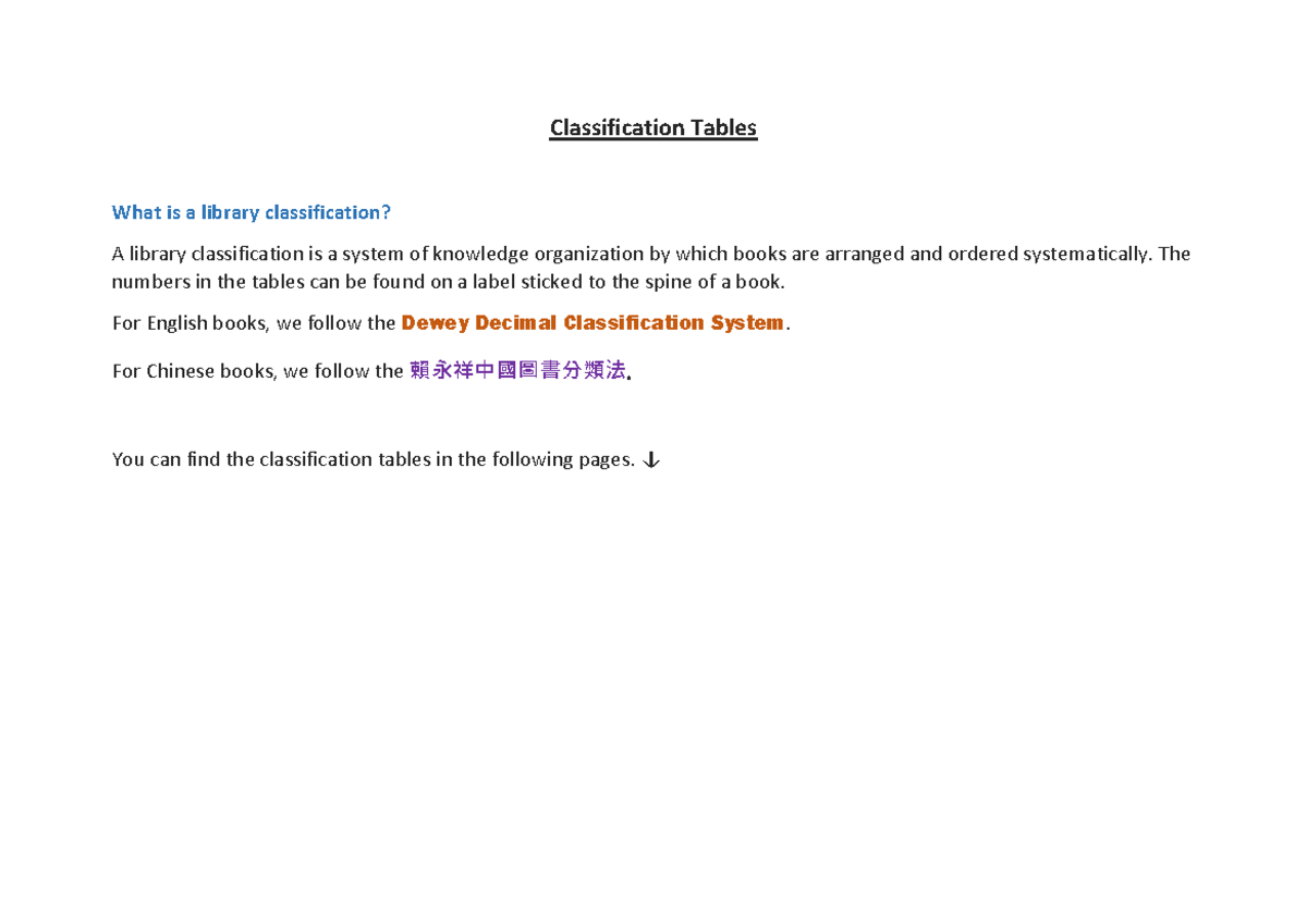Library classification tables - Classification Tables What is a library ...