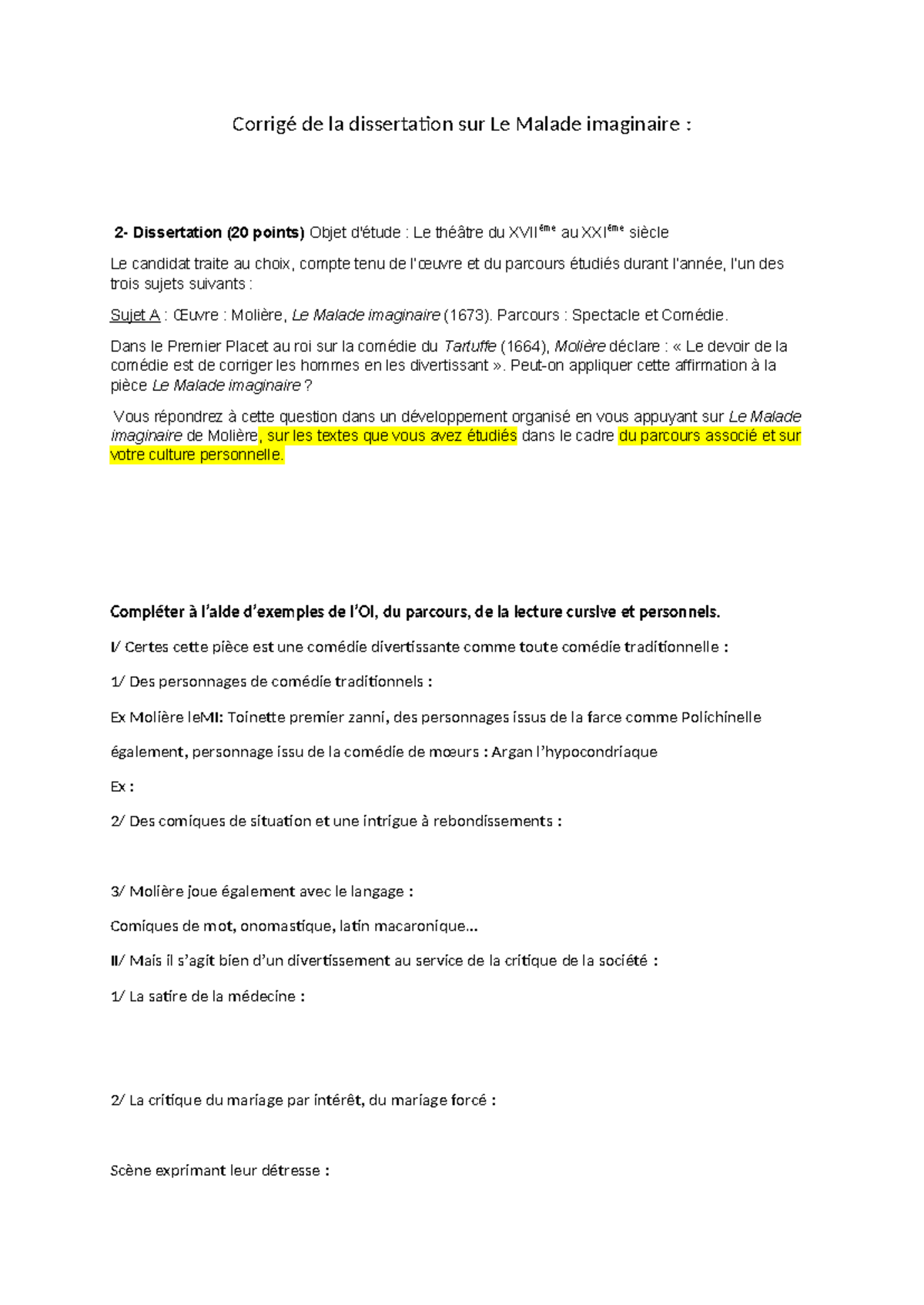 Sujet Dissertation Le Malade Imaginaire Corrigé Corrigé de la dissertation sur Le Malade imaginaire avec intro