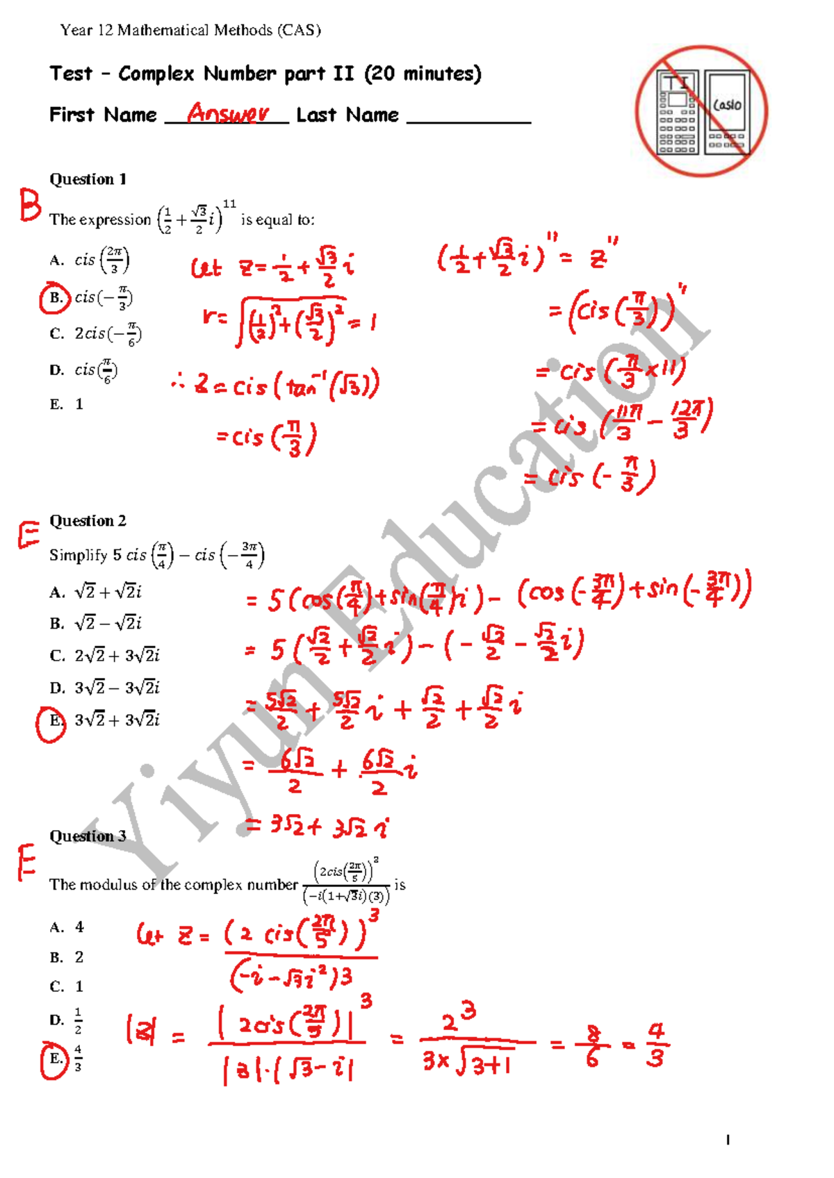 Test 8 Answer Complex Number Part II copy - Test – Complex Number part ...