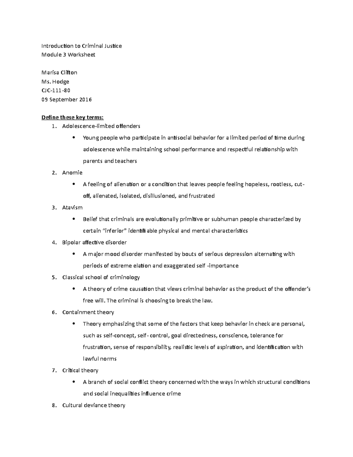 Chapter 3 worksheet - Introduction to Criminal Justice Module 3 ...