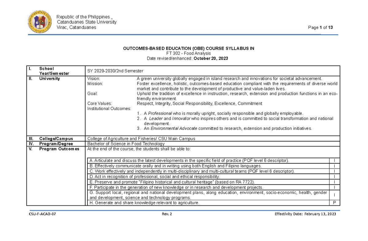 FT302 - FOOD Analysis - Catanduanes State University Virac, Catanduanes ...