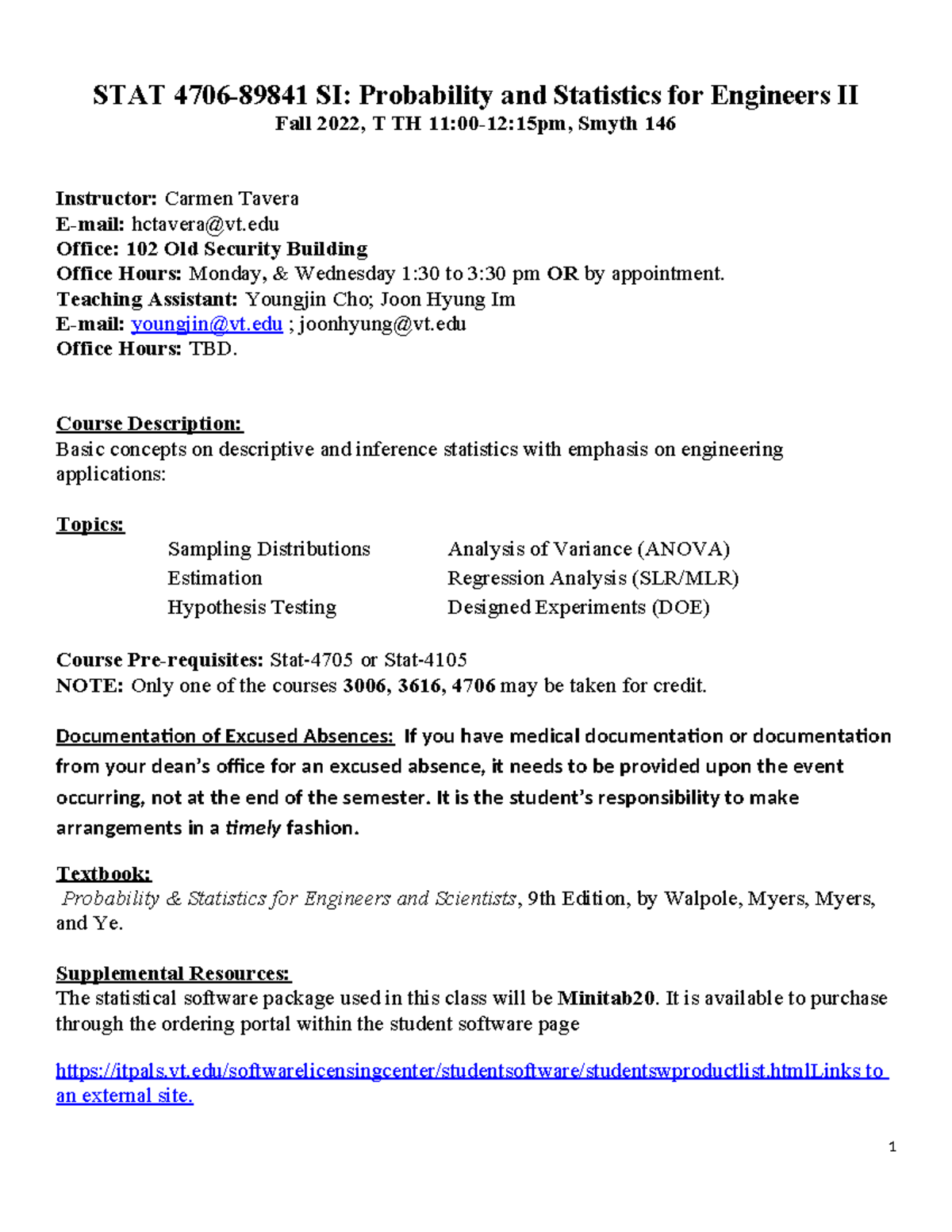 STAT 4706 SI Syllabus - STAT 4706-89841 SI: Probability and Statistics ...