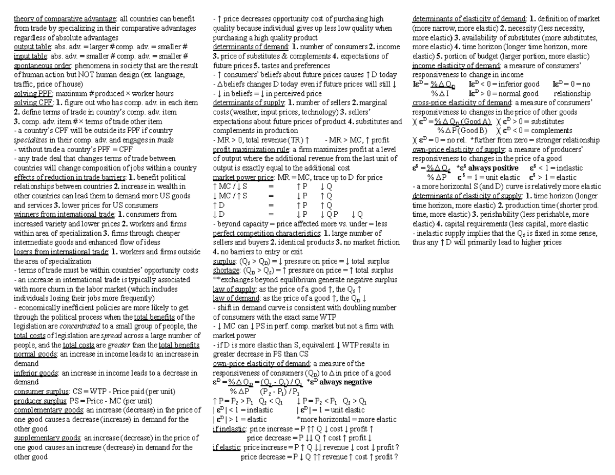 Midterm 1 Summary Sheet - Theory Of Comparative Advantage: All ...