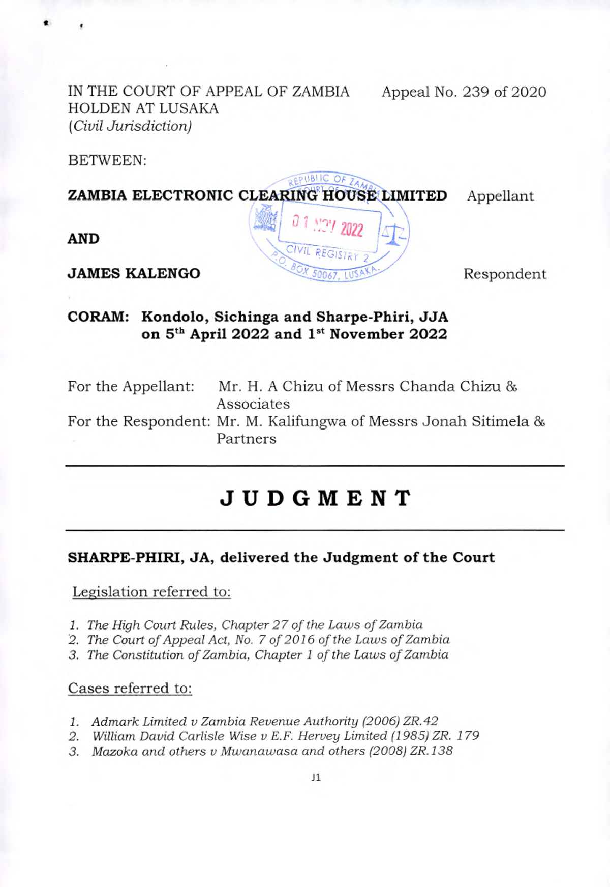 APP 0239 2020 Zambia Electronic Clearing House Ltd vs James Kalengo