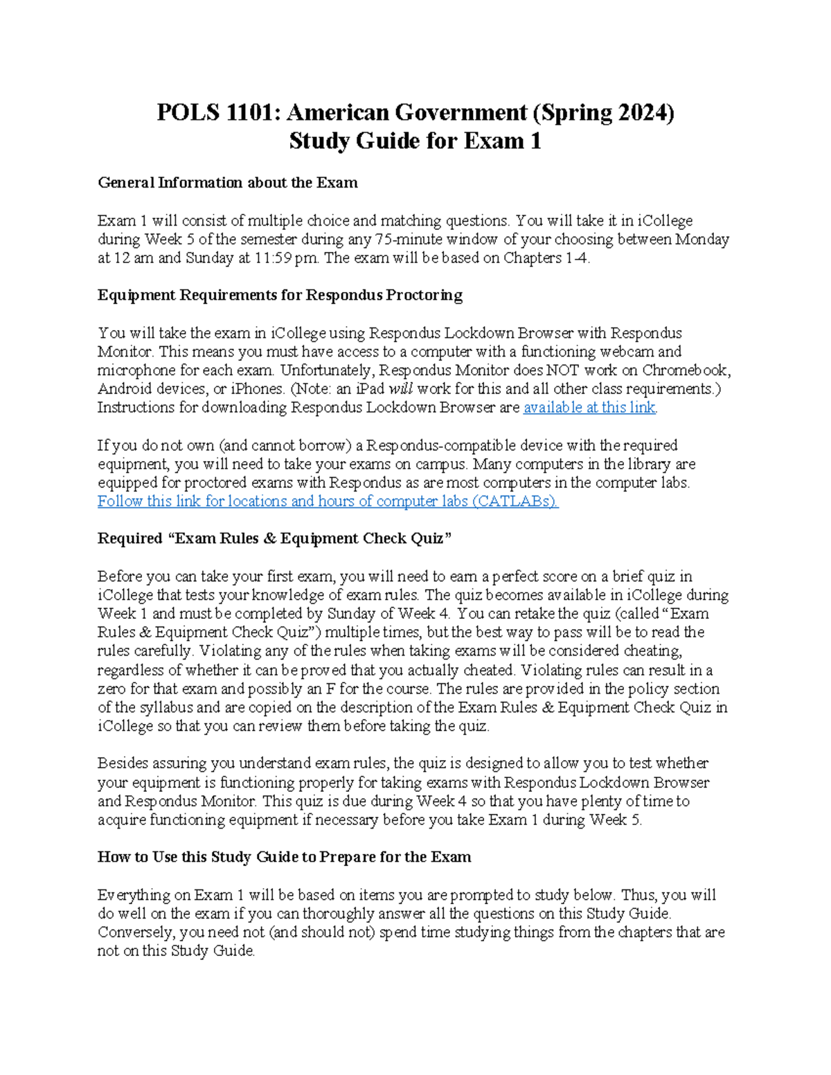 Exam 1 Study Guide S24 - POLS 1101: American Government (Spring 2024 ...