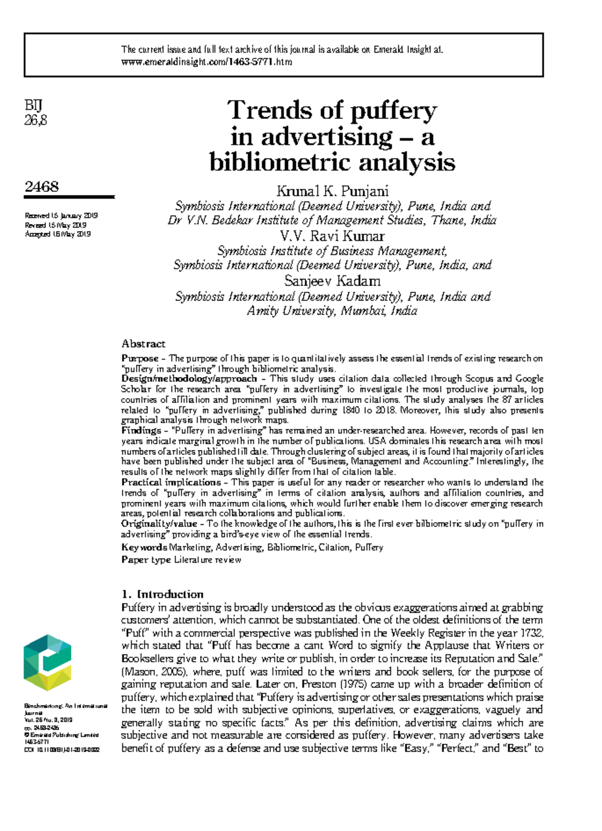 Punjani 2019 - dfg - Trends of puffery in advertising – a bibliometric ...