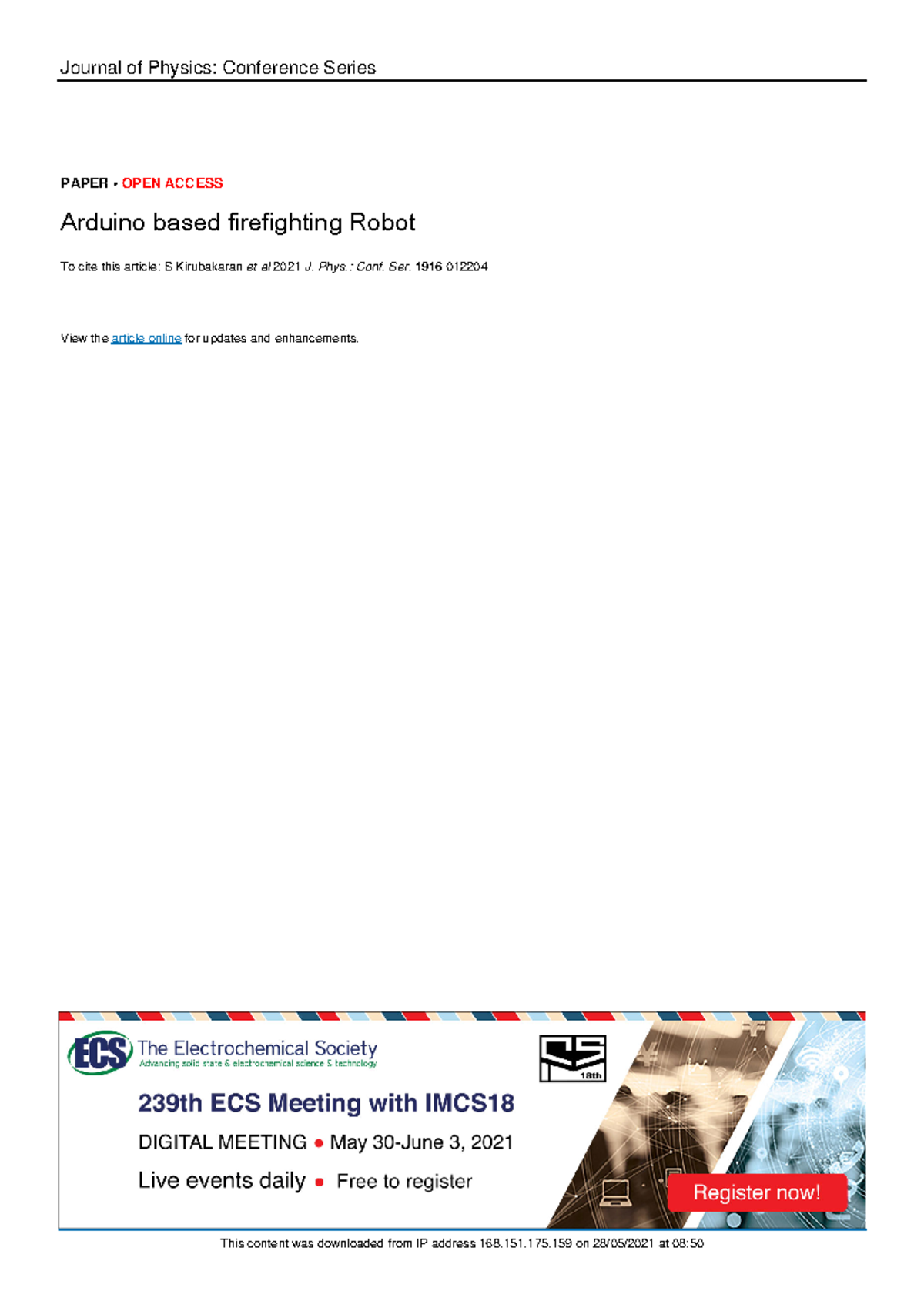 Arduino based firefighting Robot Journal of Physics Conference