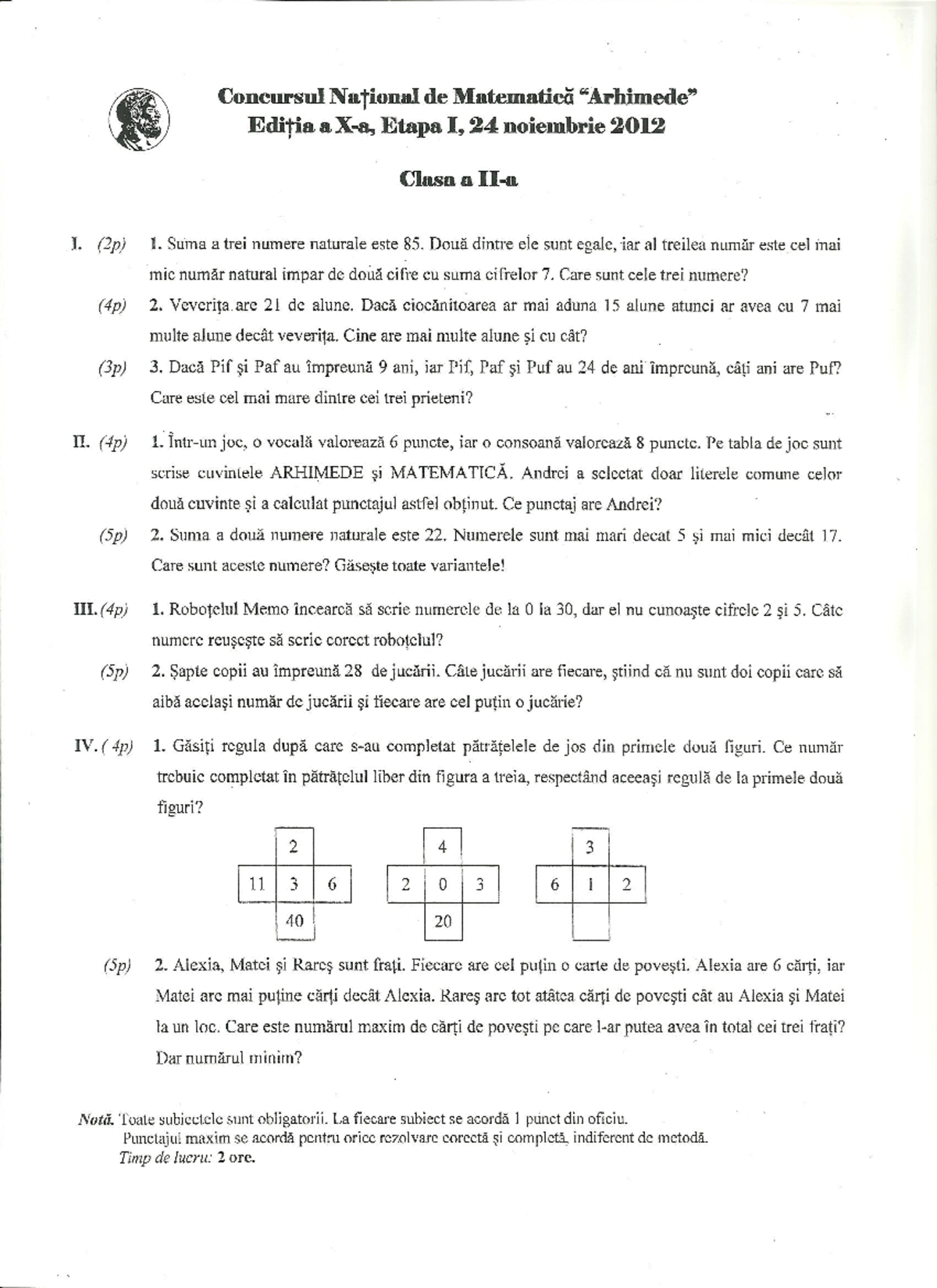 2 013 Matematica Concursul 'Arhimede' Etapa I Clasa II Subiecte ...