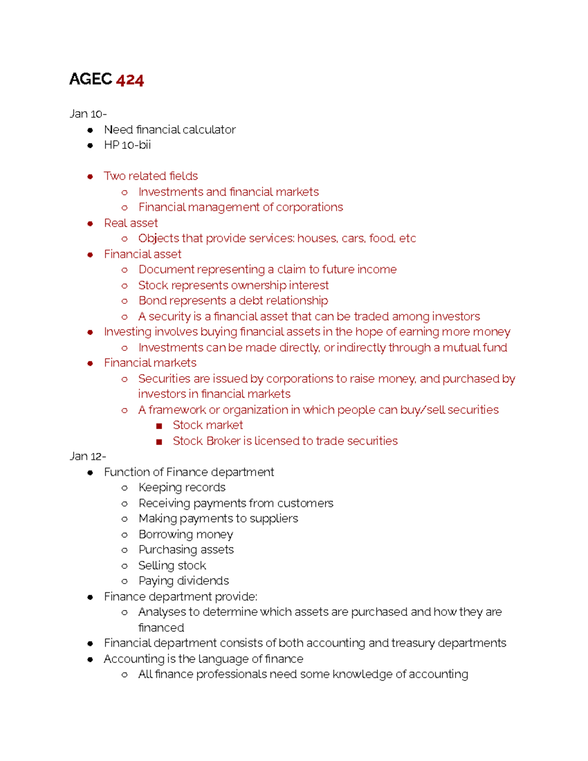 AGEC 424 - lecture notes - AGEC 424 Jan 10- Need financial calculator ...
