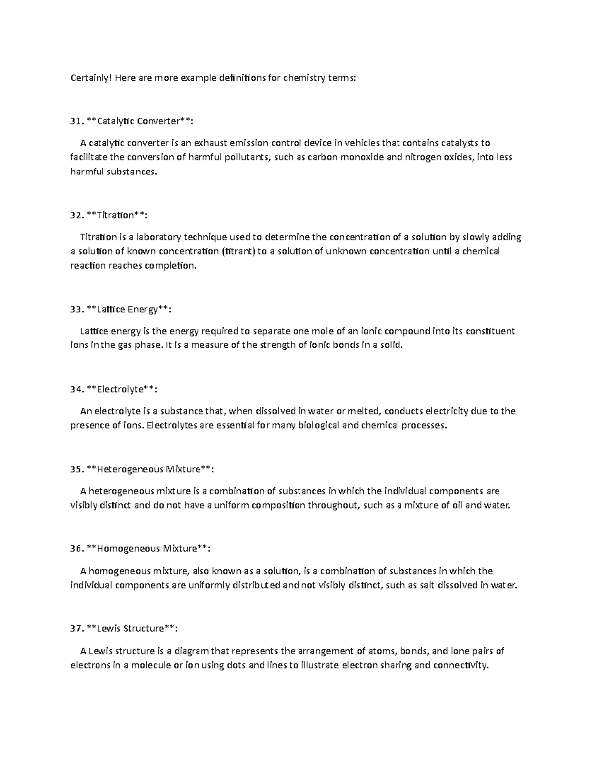 Chem Def 3 Definitions of chemistry terms. Certainly! Here are more