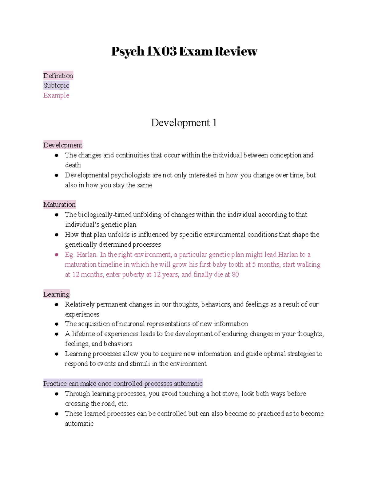 Psych 1x03 Exam Review - Psych 1X03 Exam Review Definition Subtopic ...