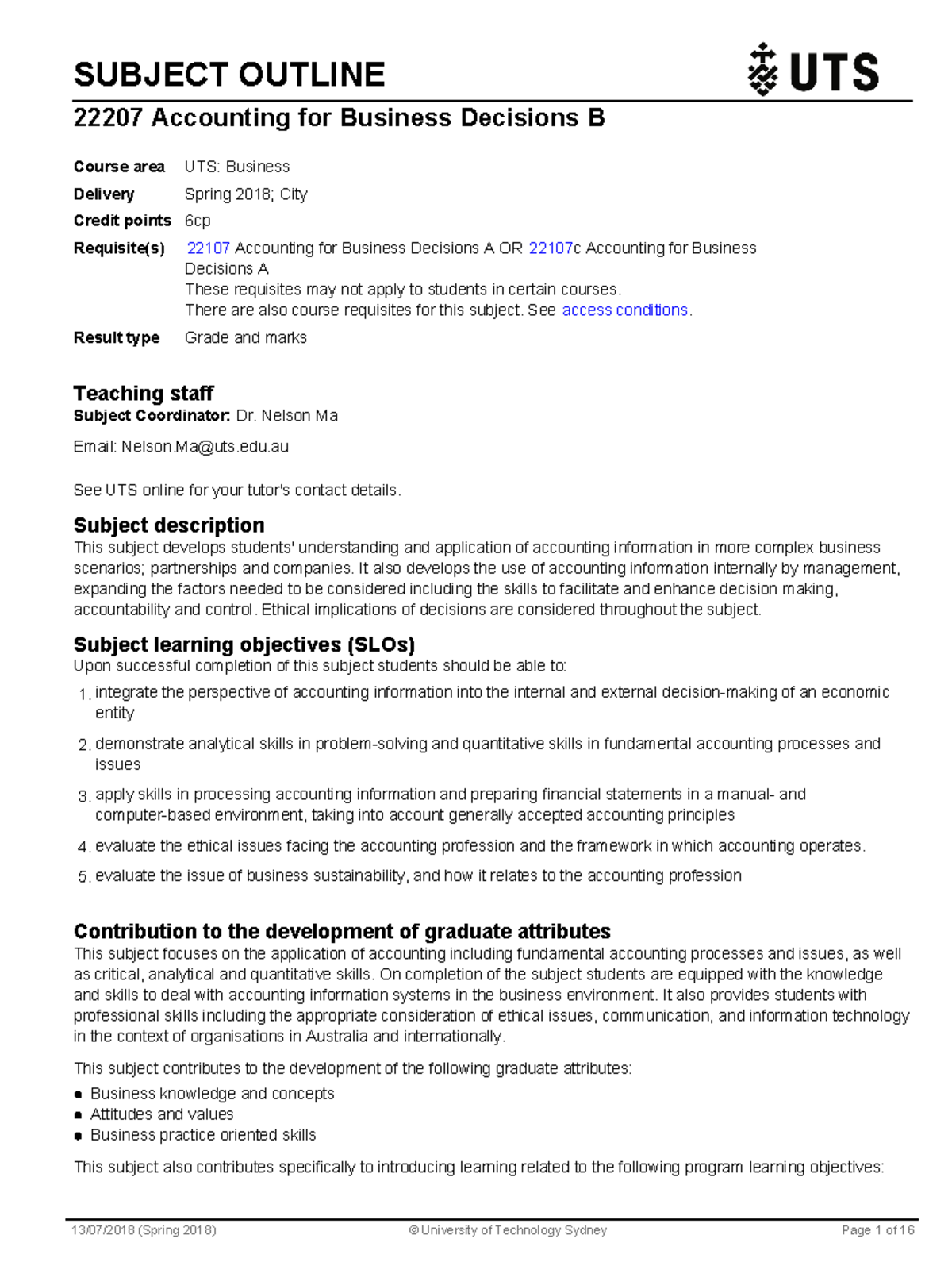 ACCT Subject Outline - Sub - SUBJECT OUTLINE 22207 Accounting For ...