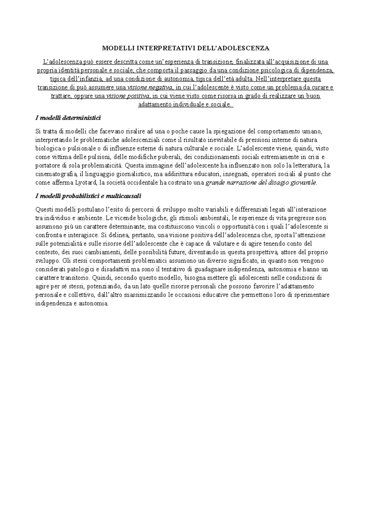 I Modelli Interpretativi DELL' Adolescenza - MODELLI INTERPRETATIVI ...