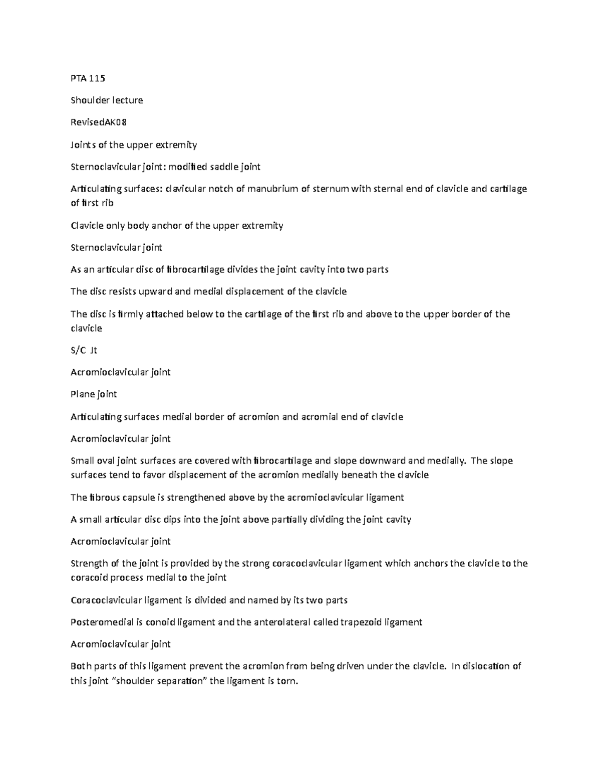 PTA 115 Shoulder Upper Extremity Notes - PTA 115 Shoulder lecture ...