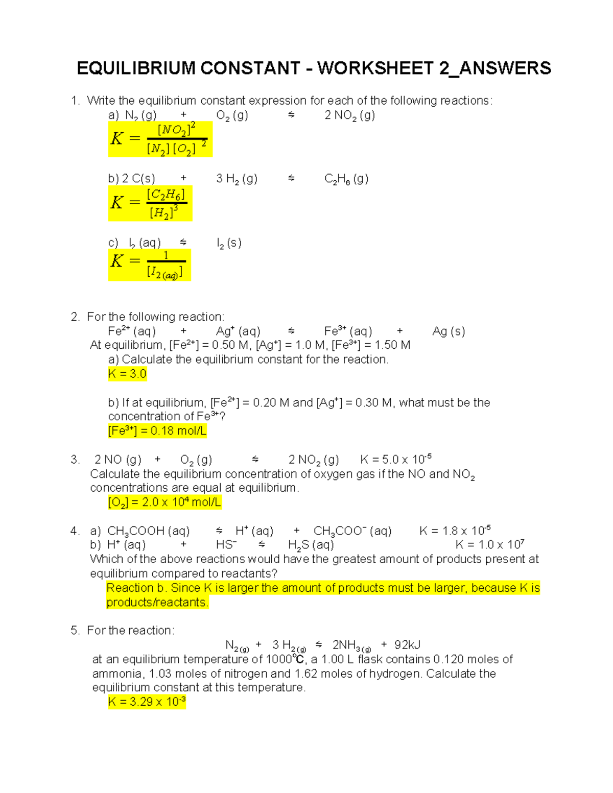 03 Equilibrium Constant Worksheet 2 Answers - EQUILIBRIUM CONSTANT -  WORKSHEET 2_ANSWERS Write the - Studocu
