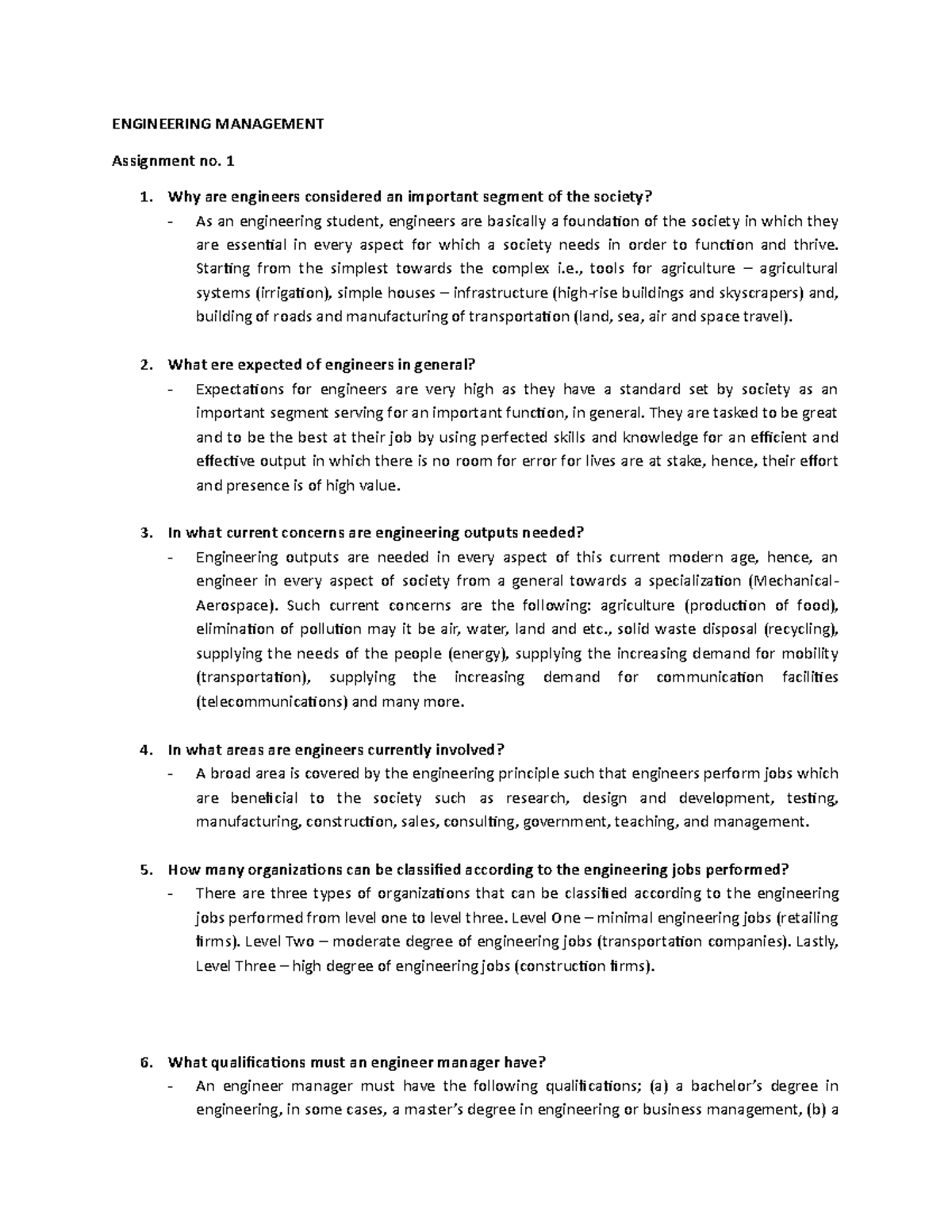 Assign NO. 1 ENGR MGNT - ENVIRONMENTAL ENGINEERING - ENGINEERING ...