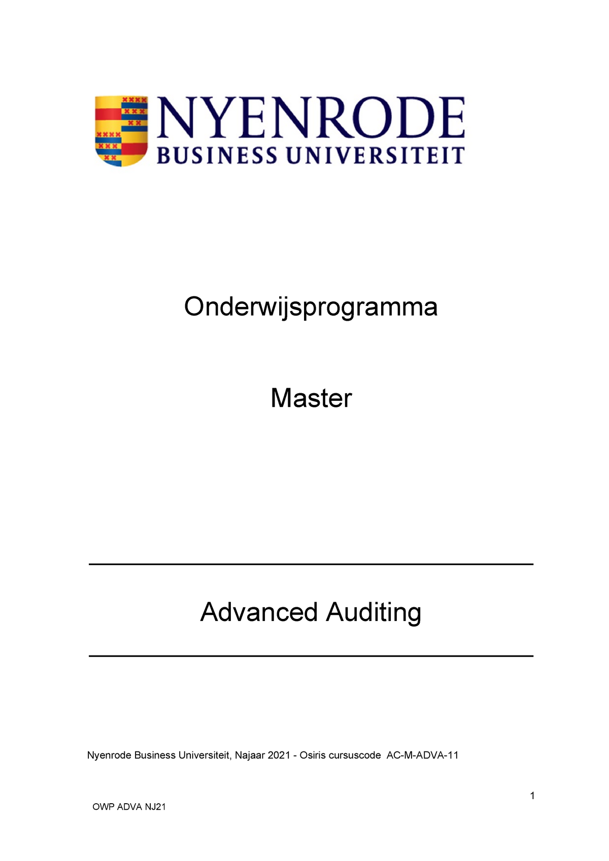 Onderwijsprogramma Advanced Auditing Najaar 2021 - Advanced Auditing ...