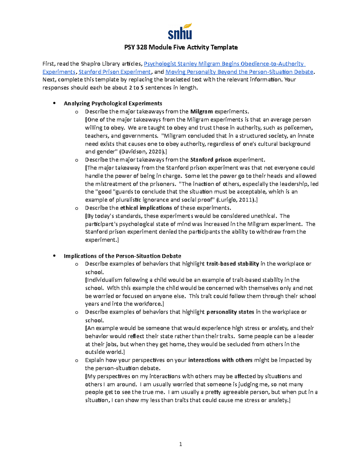 Module 5 Activity - PSY 328 Module Five Activity Template First, read ...
