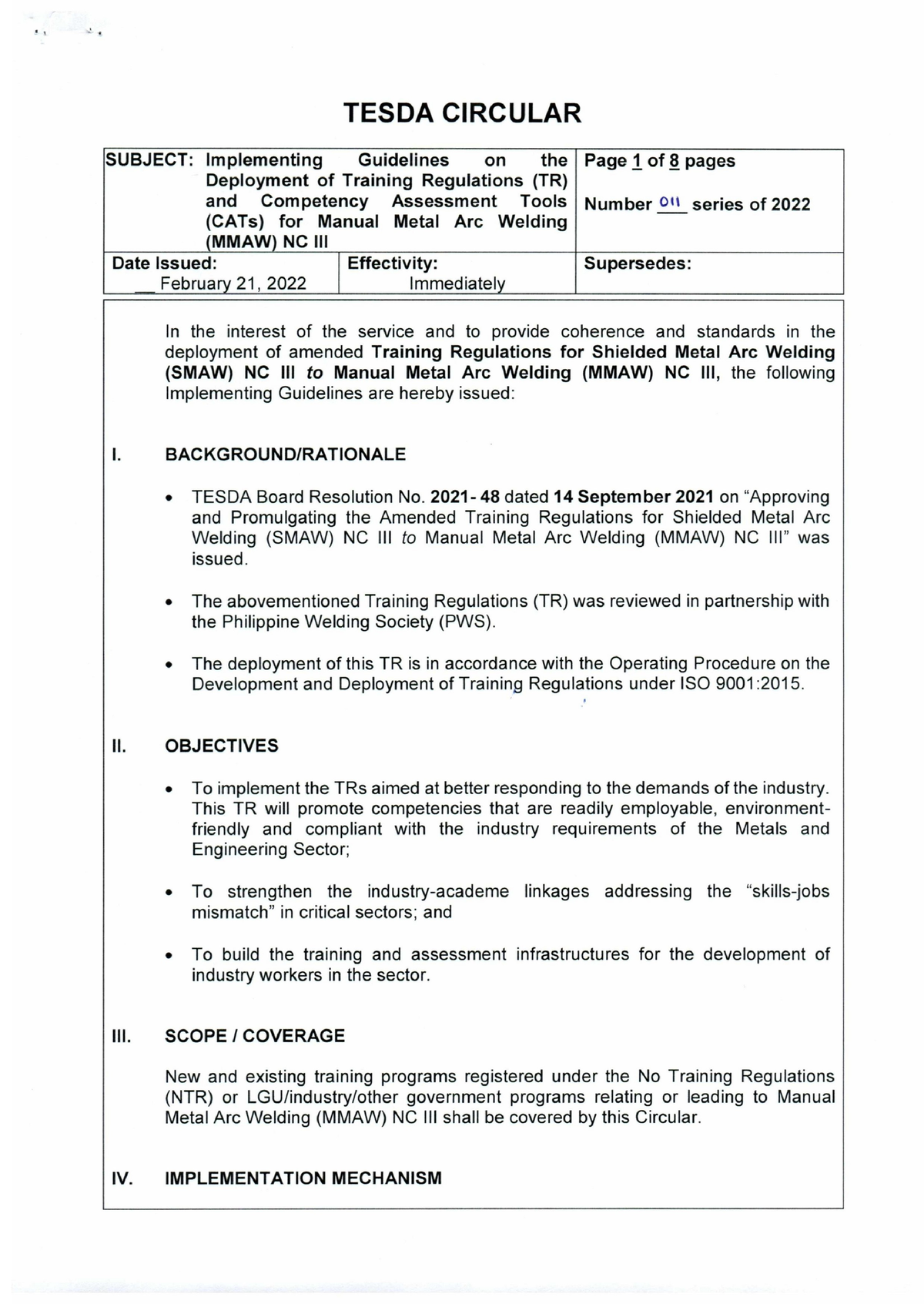 Mmaw Nc3 Tesda Circular No. 011-2022 - Trainers Methodology - Studocu