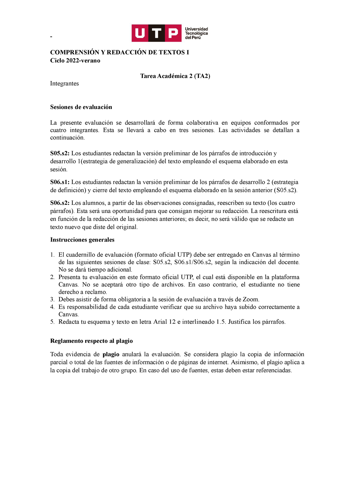 A S y S Tarea Académica TA Formato oficial UTP Verano COMPRENSIÓN Y REDACCIÓN