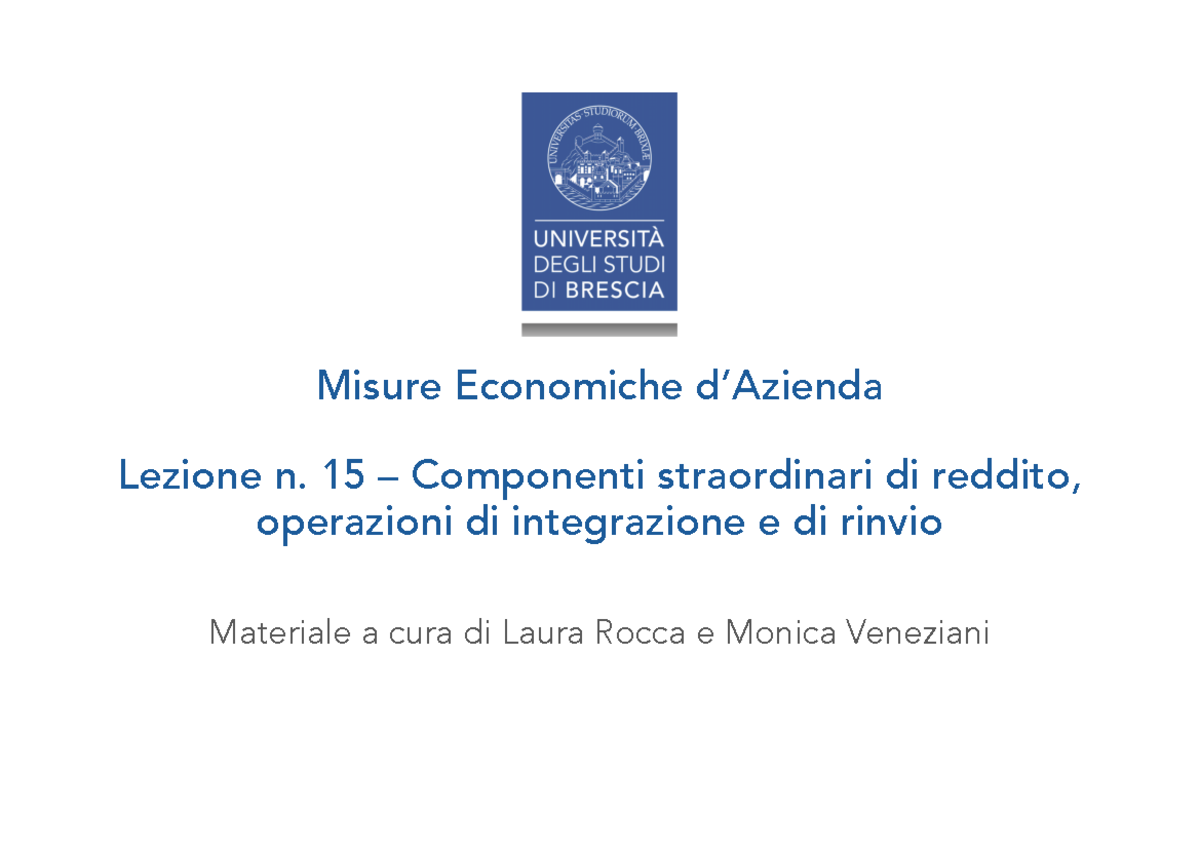 Lezione N. 15 Applicativa - Misure Economiche D’Azienda Lezione N. 15 ...