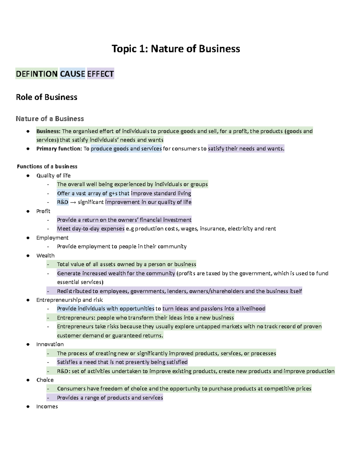Topic 1 Nature of Business - Preliminary Year 11 Business Studies Notes ...