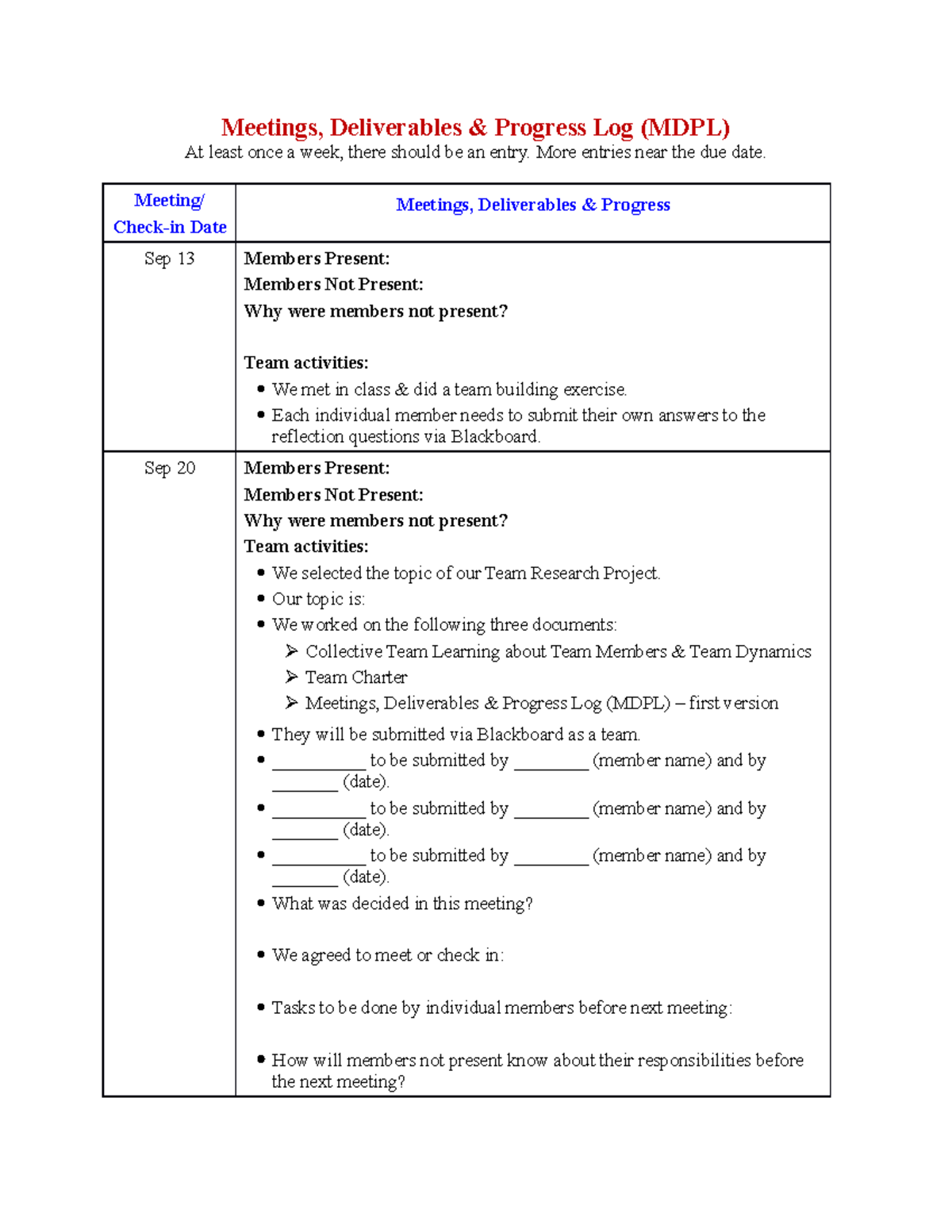 Template for MDPL - Meetings Deliverables and Progress Log K - Meetings ...