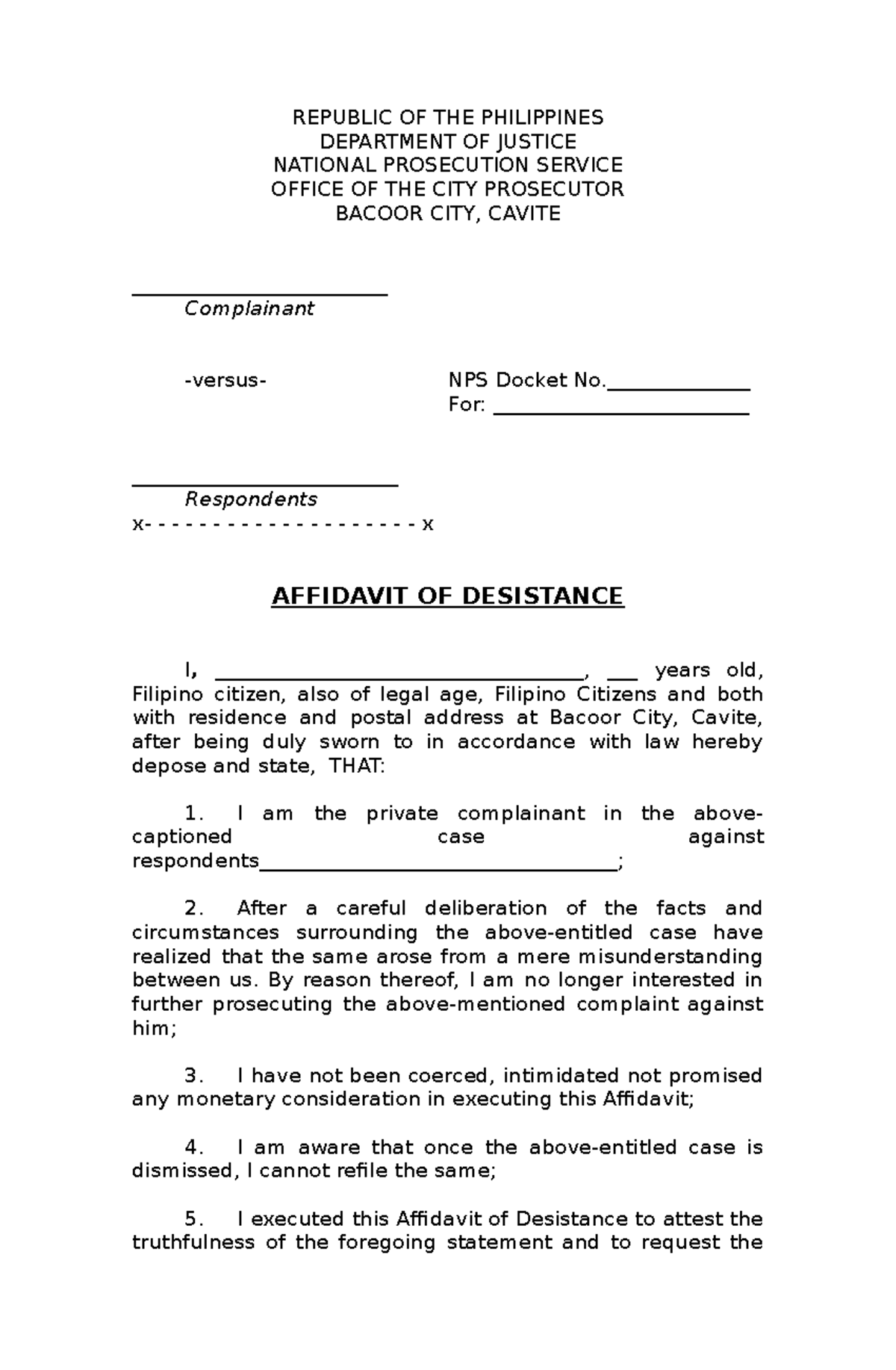 Affidavit Of Desistance Tagalog