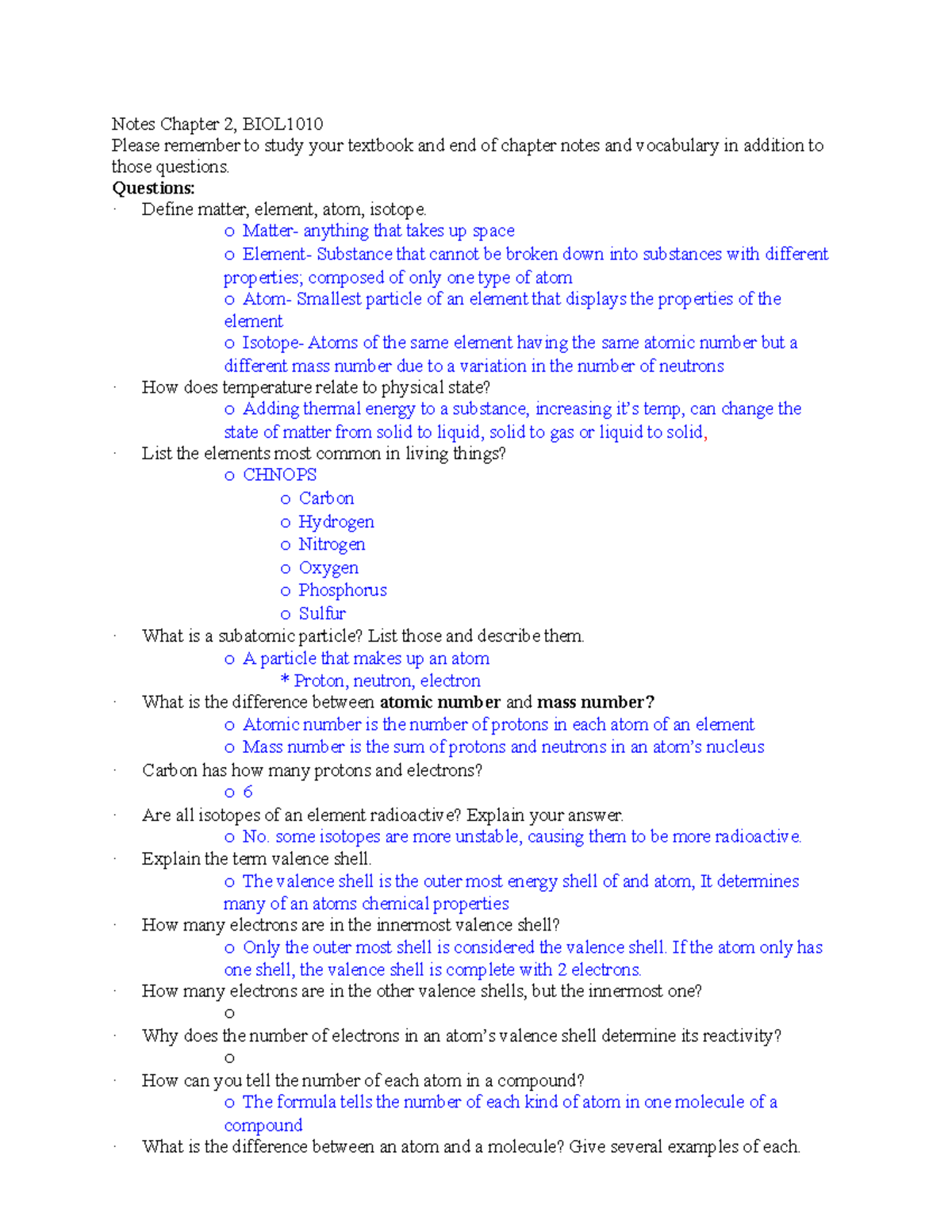 Bio Ch2 Study Guide - Chapter 2 Lecture Notes - Notes Chapter 2, BIOL ...