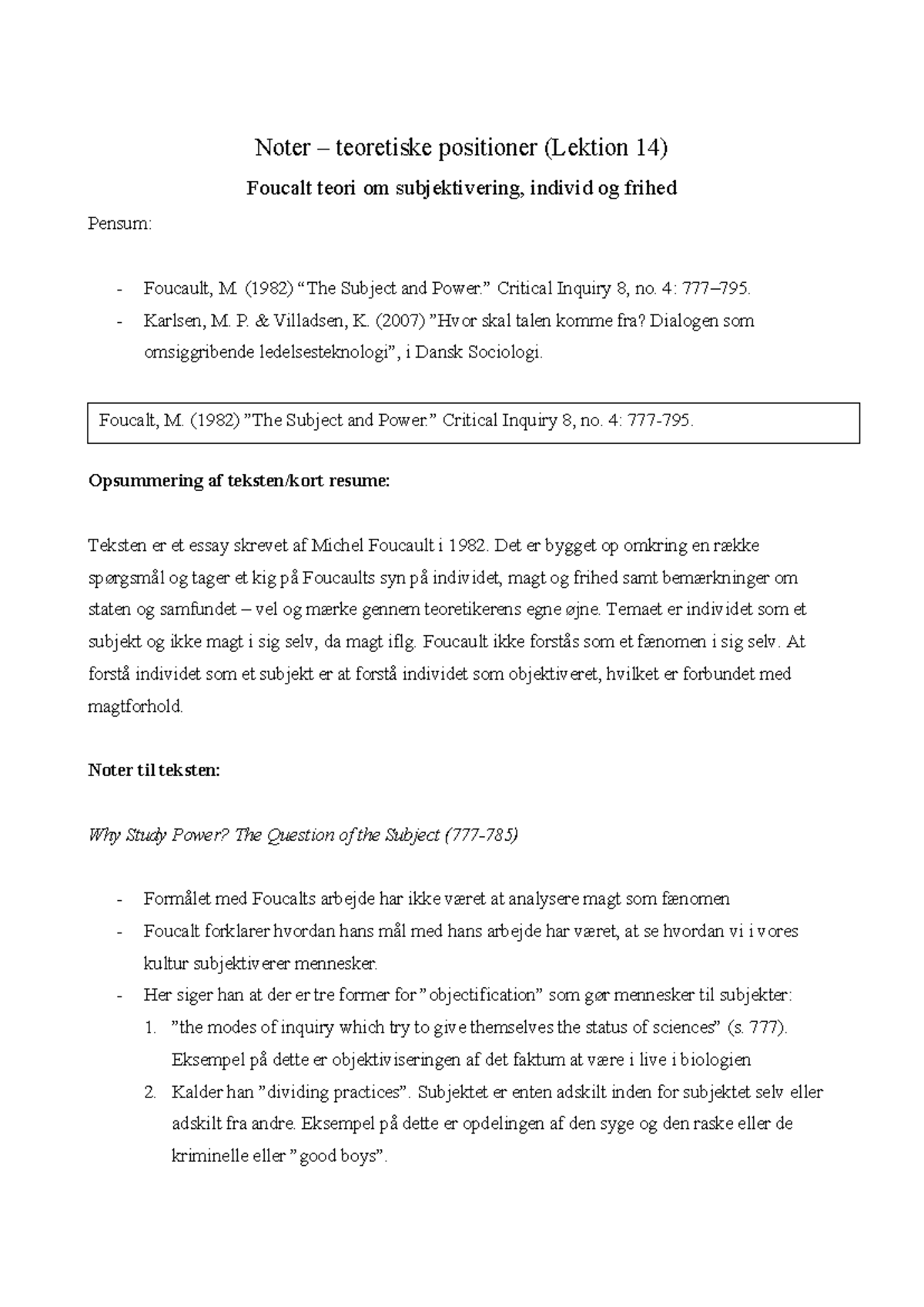 Noter - Foucalt (Teoretiske Positioner) - Noter – Teoretiske Positioner ...