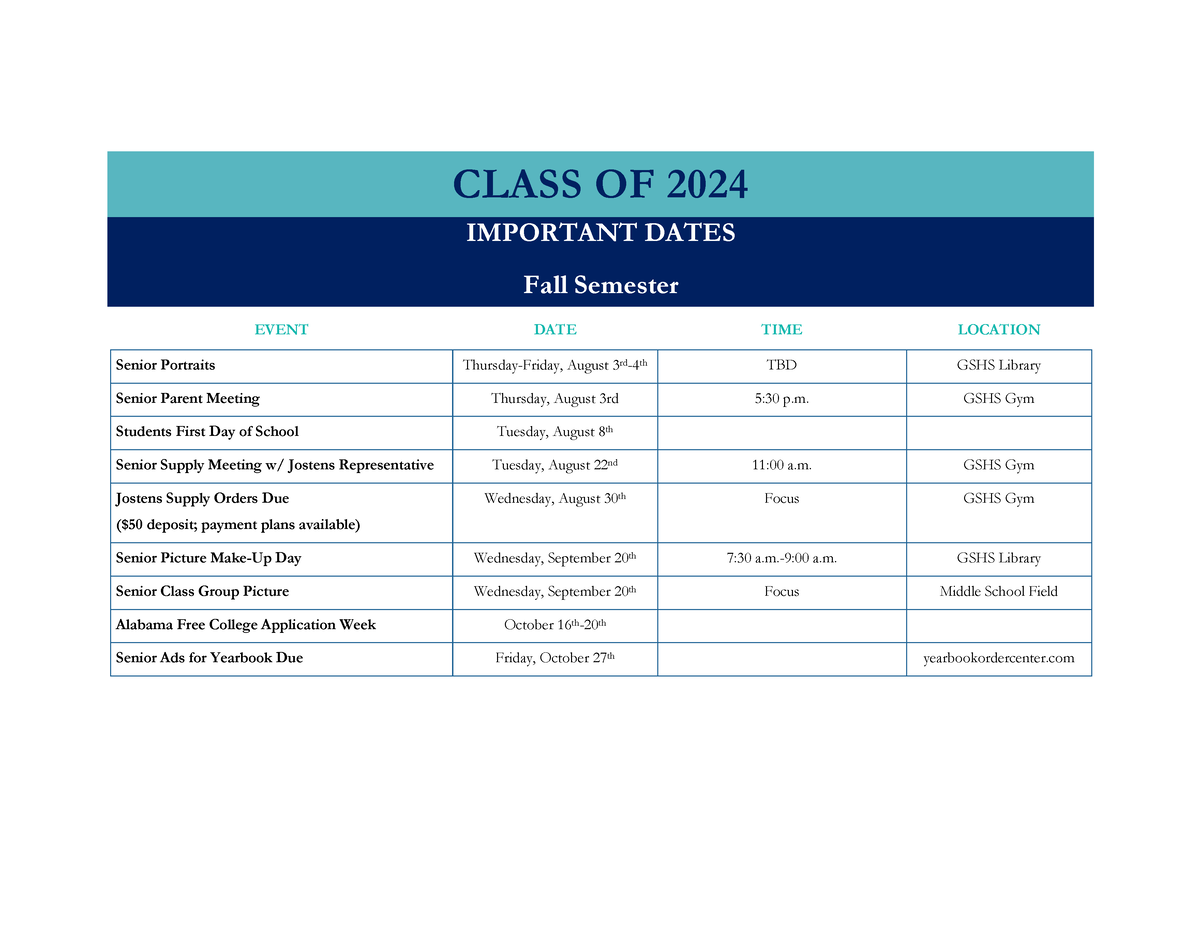 Class OF 2024 Calendar Hello CLASS OF 202 4 IMPORTANT DATES Fall