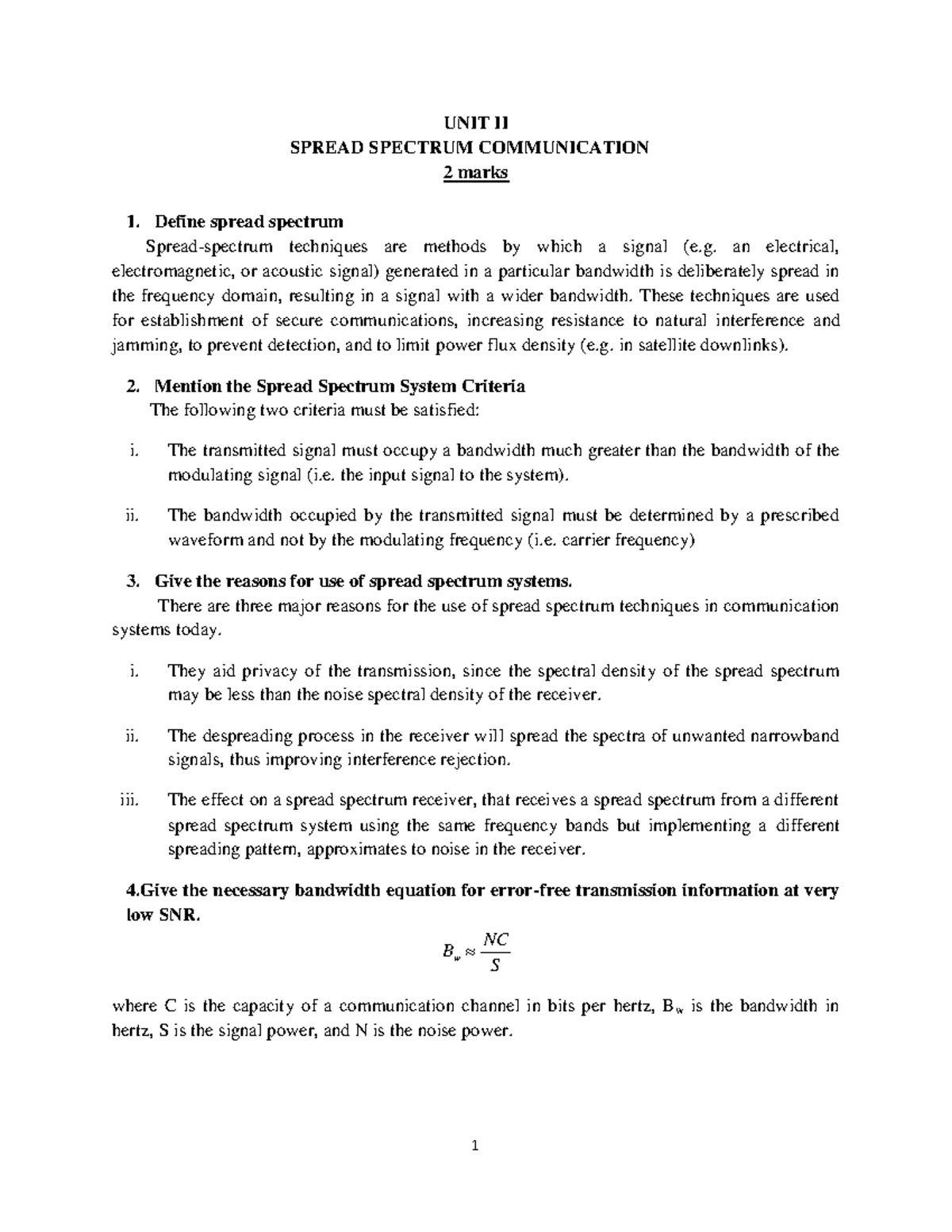 CE2(U2) - SPREAD SPECTRUM COMMUNICATION - UNIT II SPREAD SPECTRUM ...