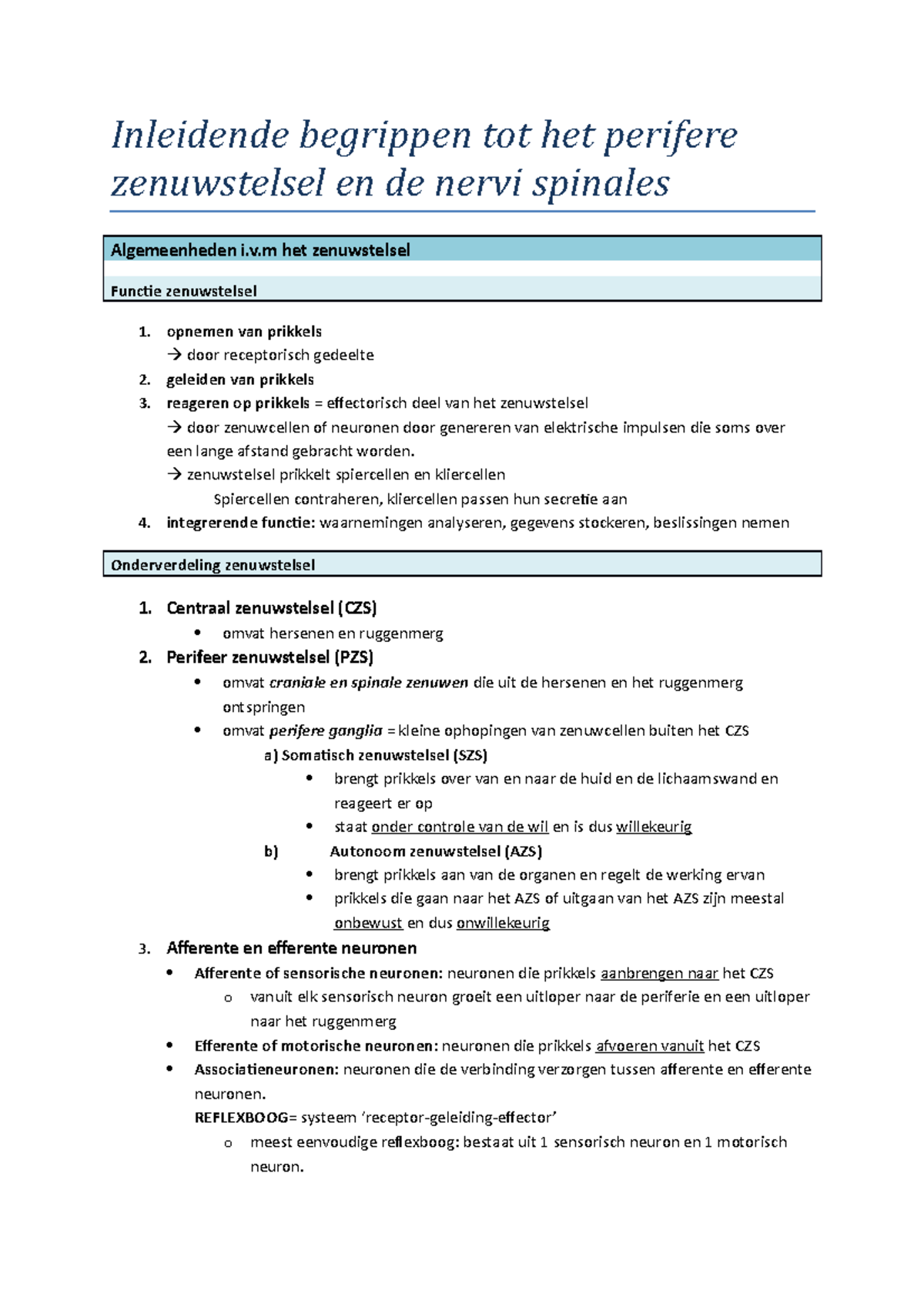 Samenvatting Inleiding Zenuwen - Inleidende Begrippen Tot Het Perifere ...