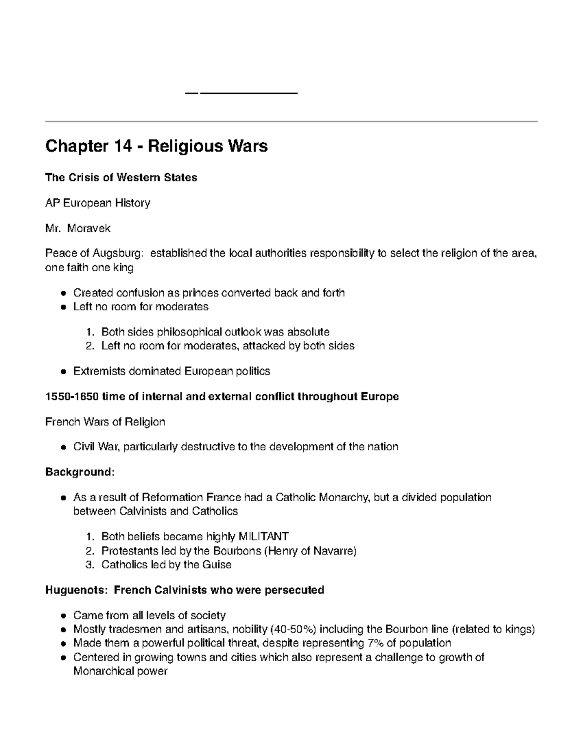 Chapter 14 - Religious Wars - Chapter 14 - Religious Wars The Crisis of ...