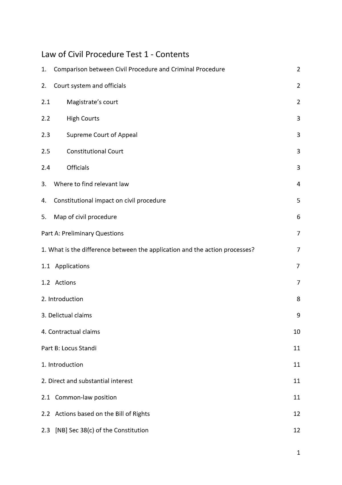 Civils - Notes - Law Of Civil Procedure Test 1 - Contents Comparison ...