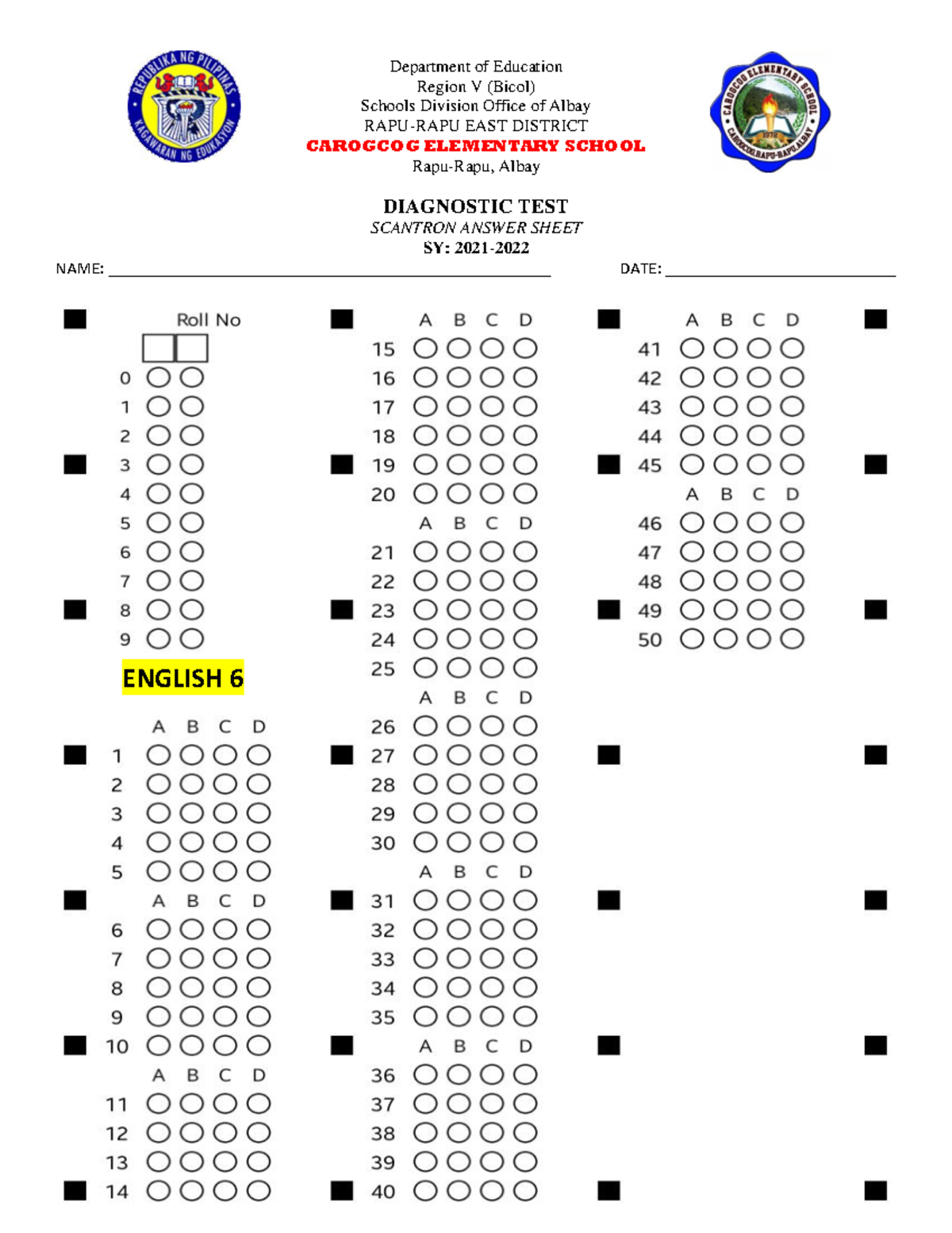 Scantron Answer Sheet Region V (Bicol) Schools Division Office of