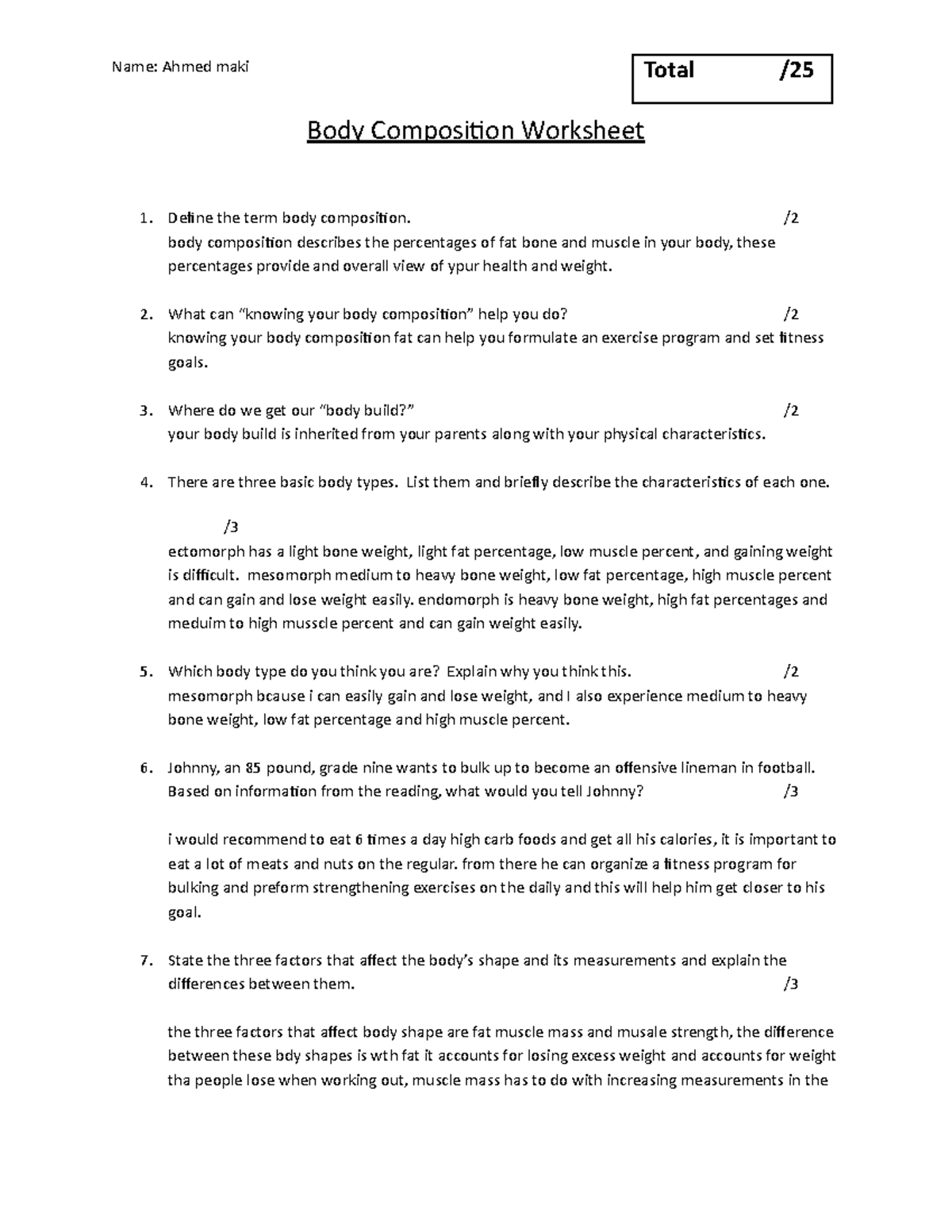 Copy of Body Composition Worksheet Name Ahmed maki Body Composition
