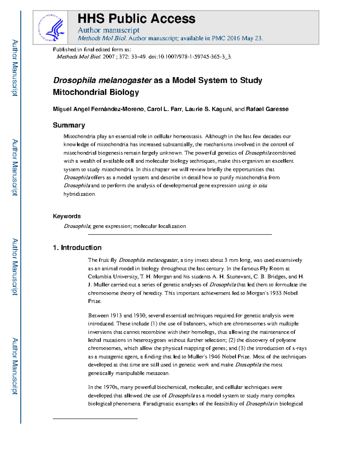 Drosophila melanogaster as a Model System to Study Mitochondrial ...