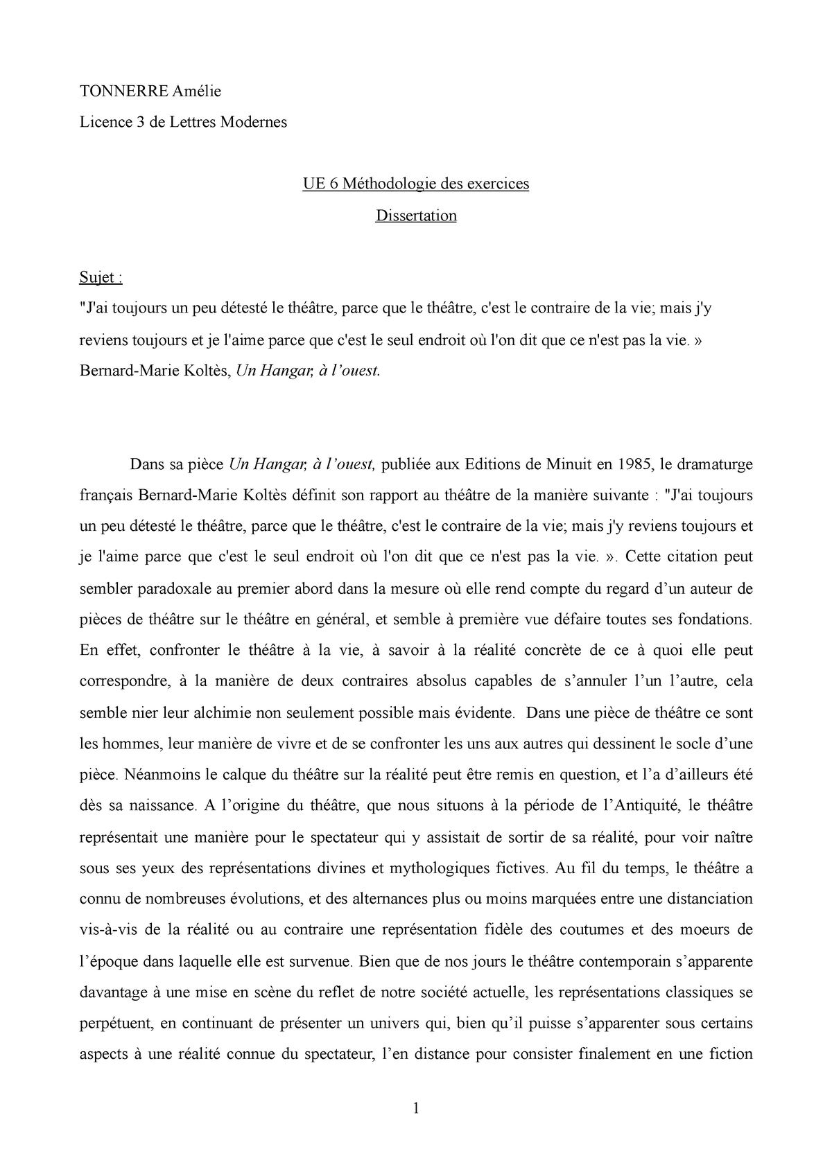 Dm Dissertation Koltes Citation Tonnerre Am Lie Licence De Lettres Modernes Ue Studocu