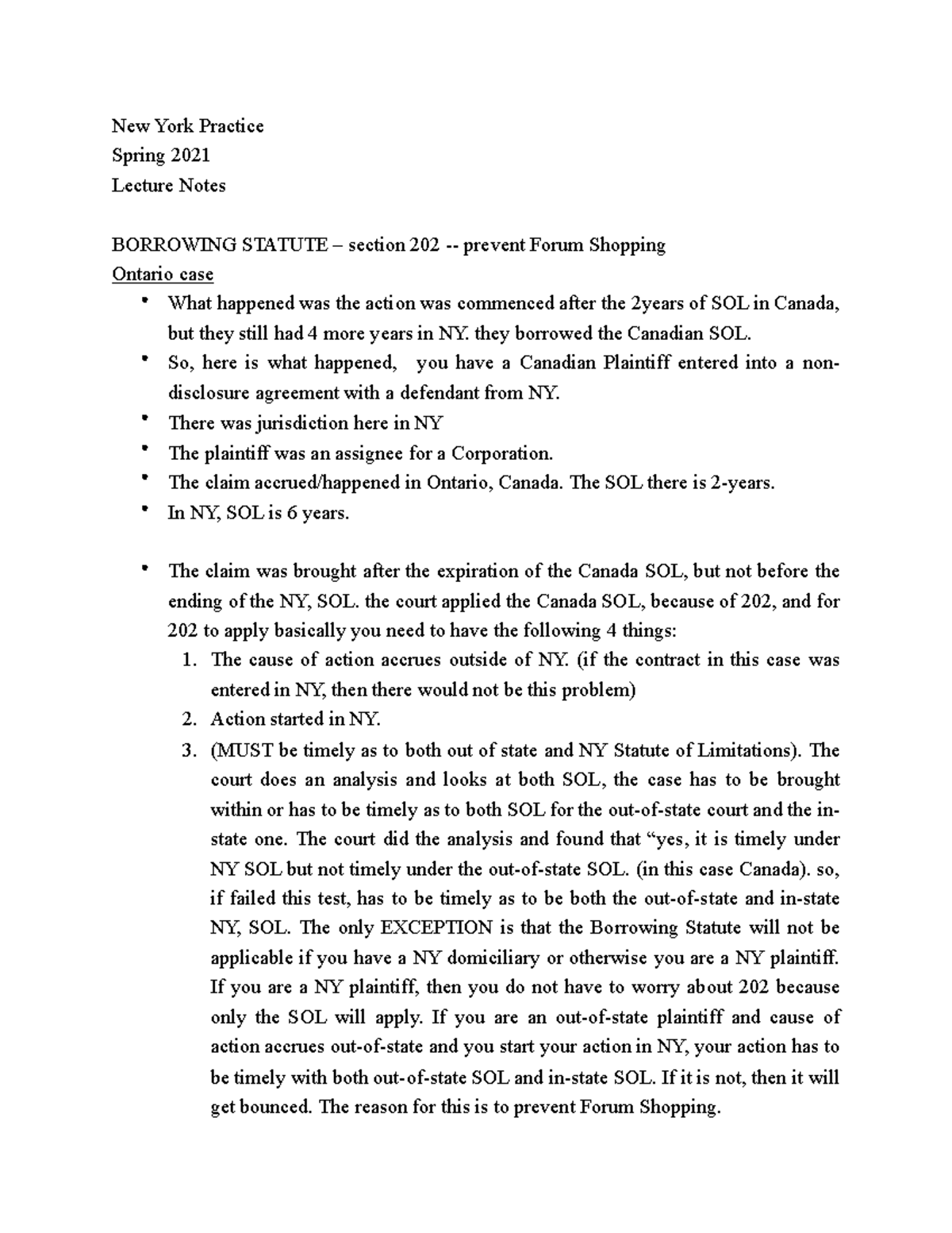 Borrowing Statute Chapter 3 Notes New York Practice Spring 2021