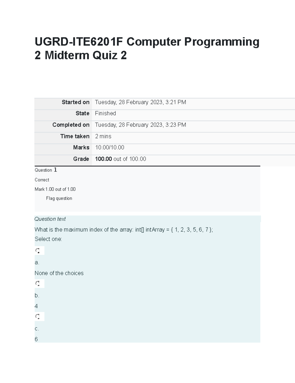 UGRD-ITE6201F Computer Programming 2 Midterm Quiz 2 - Grade 100 Out Of ...